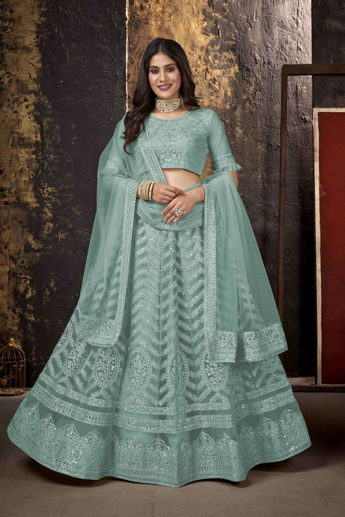 Net Embroidered Lehenga Choli In Sky Blue Colour In Sky Blue Colour LD05644361 A