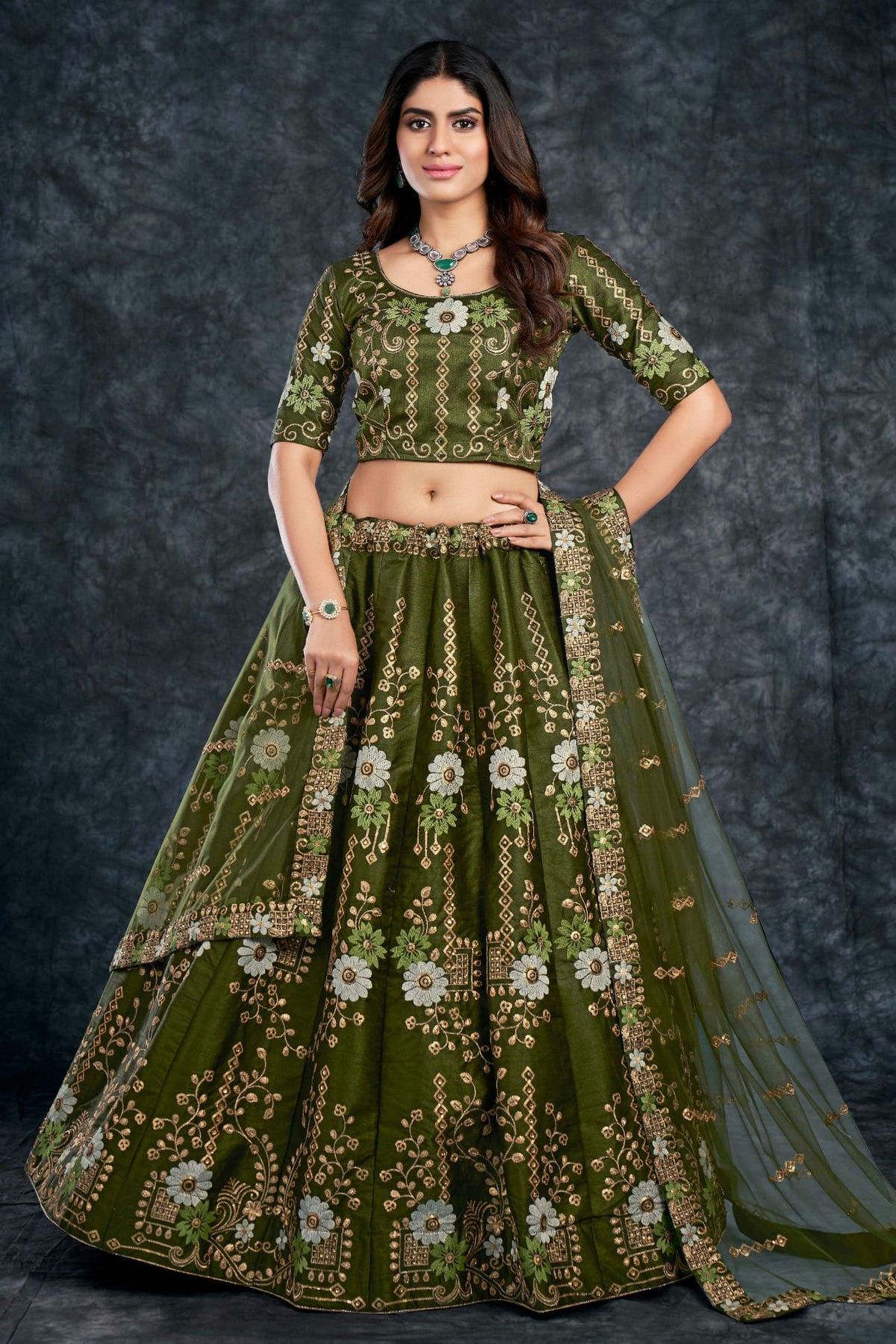 Silk Embroidery Lehenga Choli In Mehendi Colour LD05645964 A