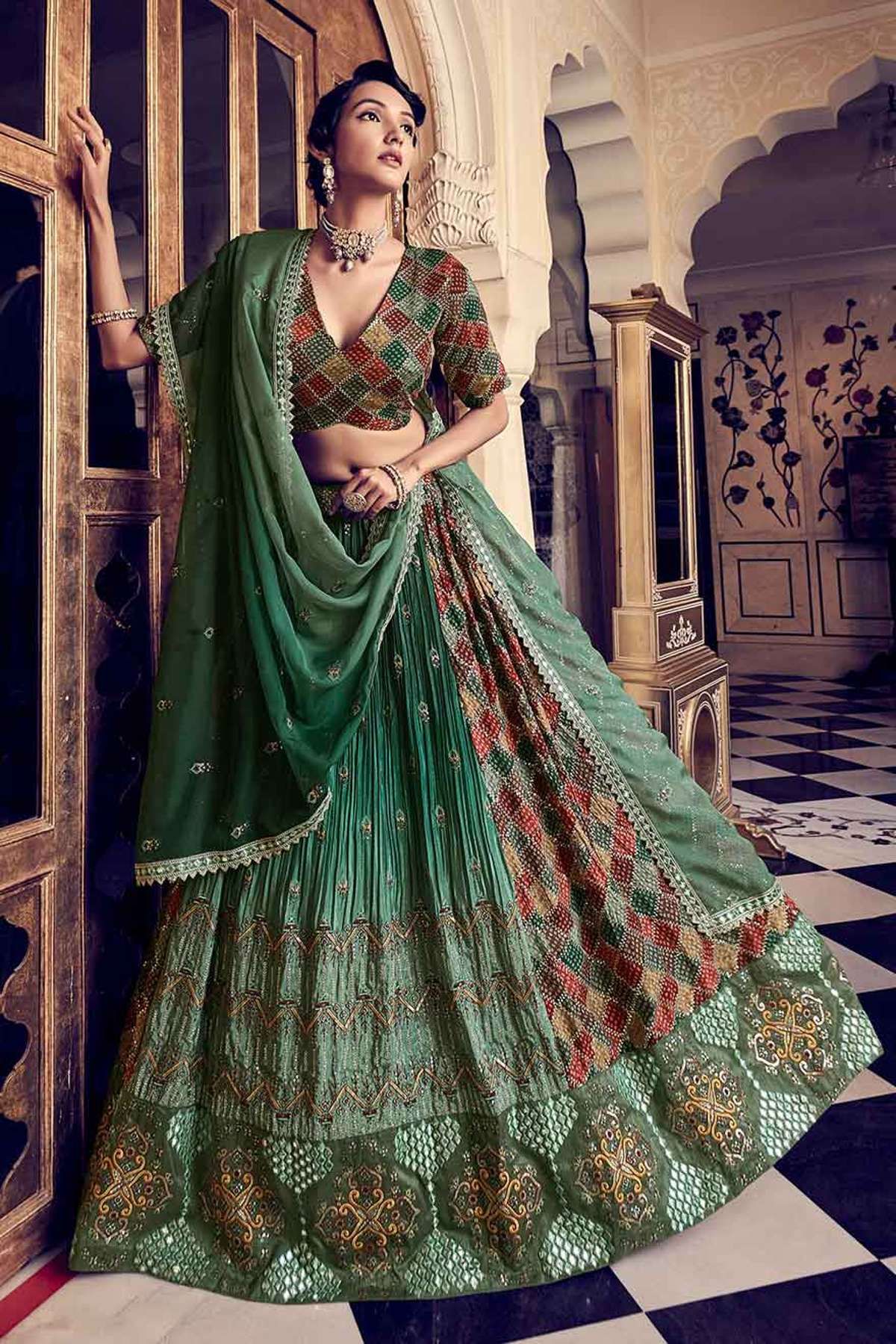 Georgette Fabric Sea green Color embroidered Lehenga and Choli with thread  & Zircon work with net fabric Dupatta