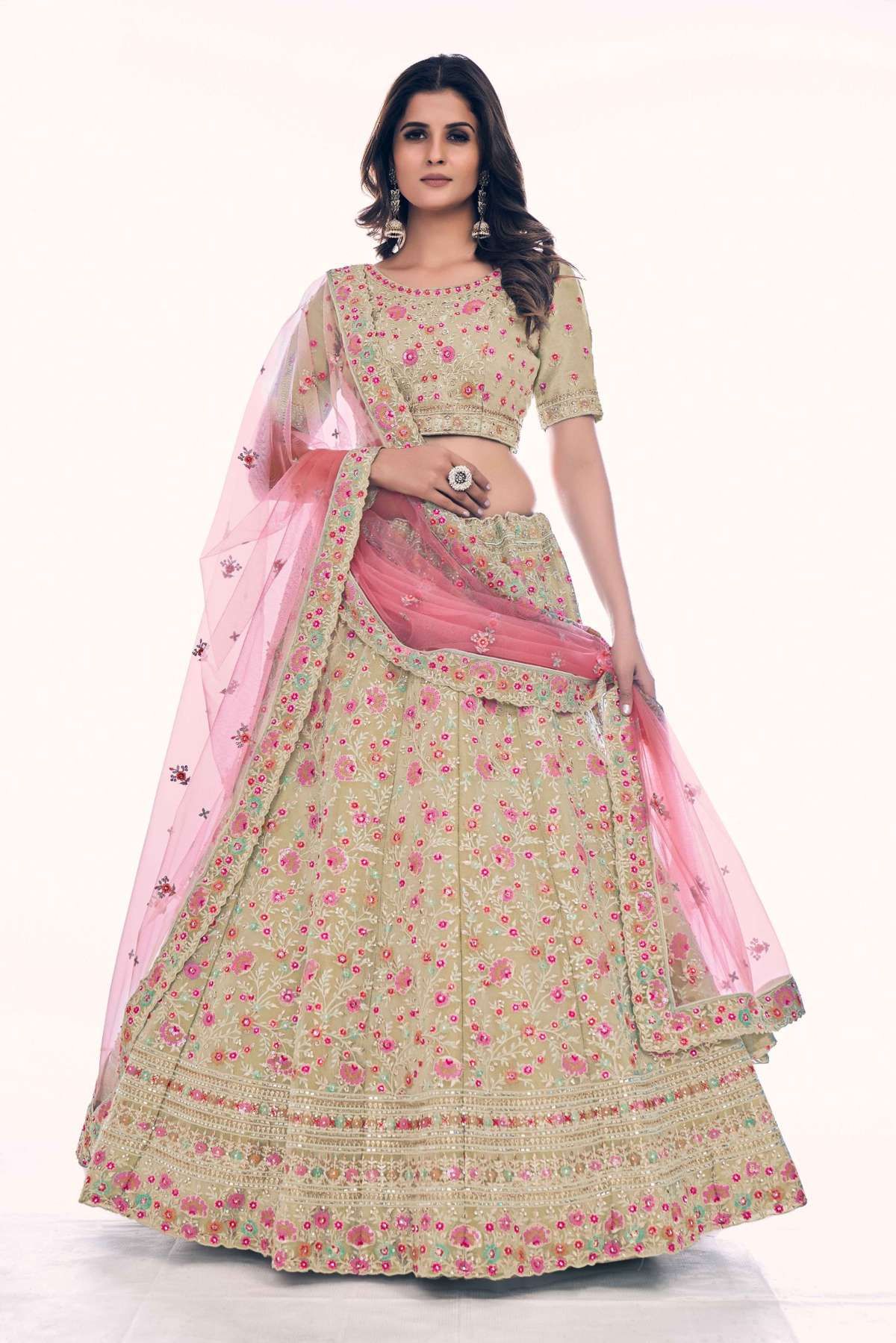 Cream and Pink Raw Silk Designer Flared Lehenga with Mirror Work