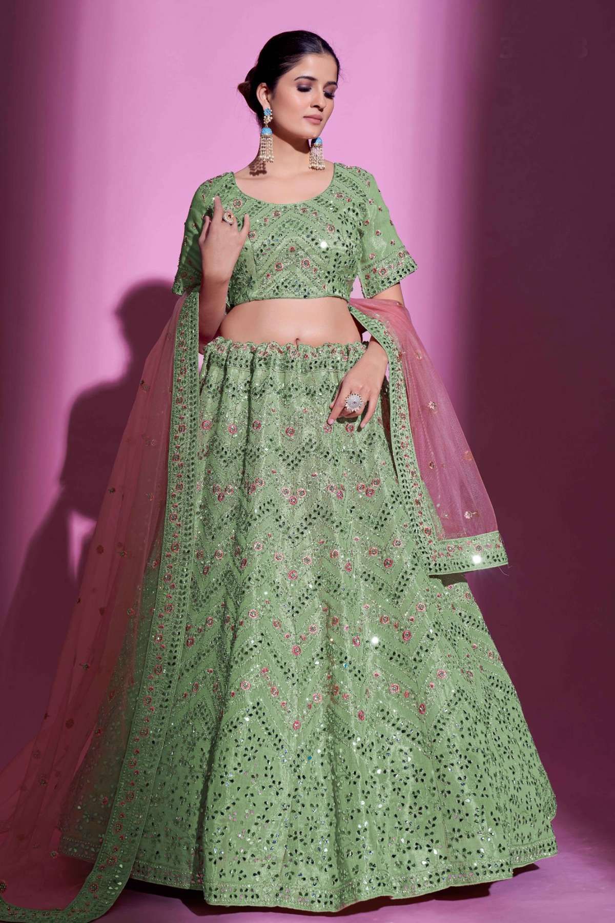 Pure Net Lehenga Choli With Heavy Thread Embroidery with Cut, Mirror and  Zarkan Work LD01353095