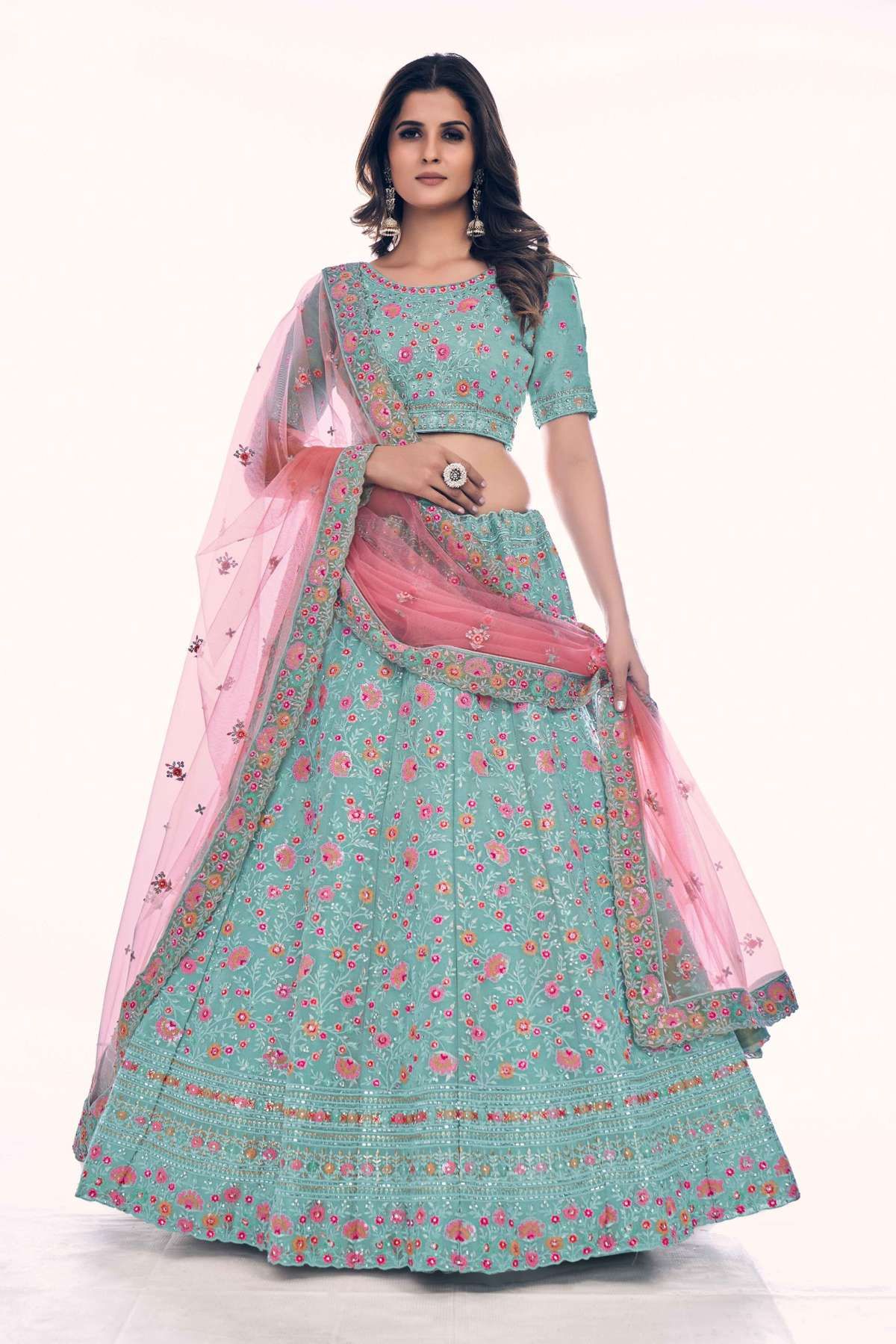Turquoise and Coral Pink Bridal Lehenga in Choli in Multi Colours