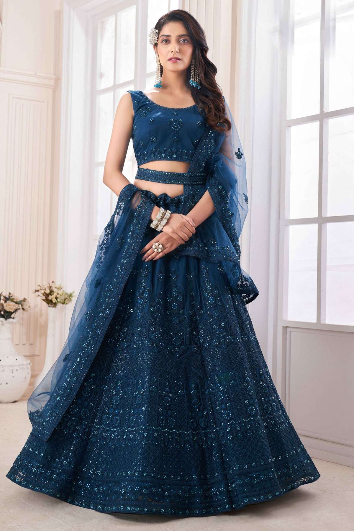 Buy Turquoise Blue Velvet Wedding Wear Dori Work Lehenga Choli Online From  Wholesalez.
