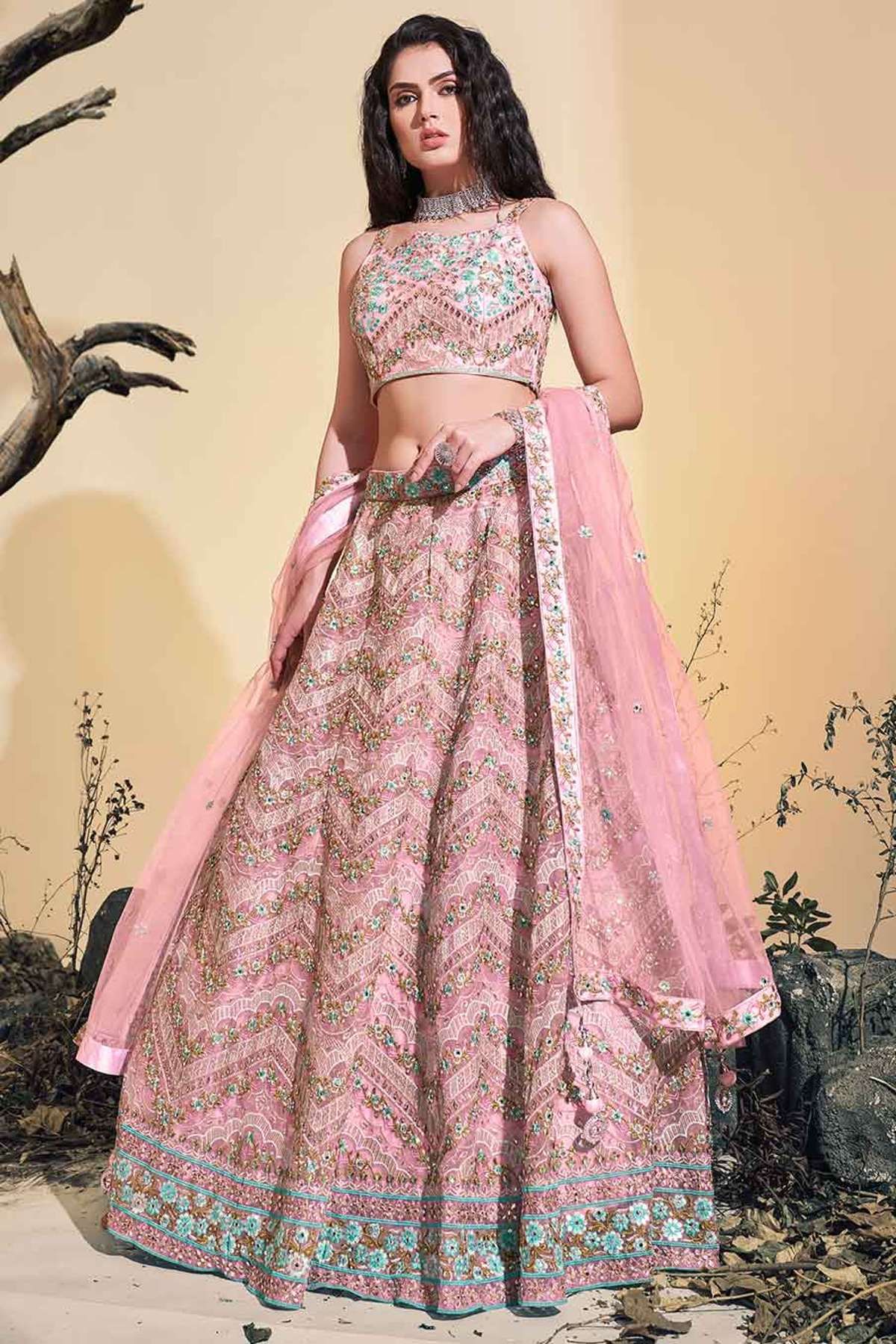 Buy Baby Pink Heavy Net Designer Lehenga Choli Online. – Odette