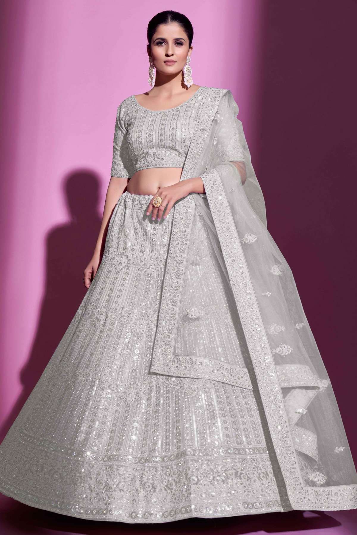 White Lehenga Choli with Printed Soft net - LC6856