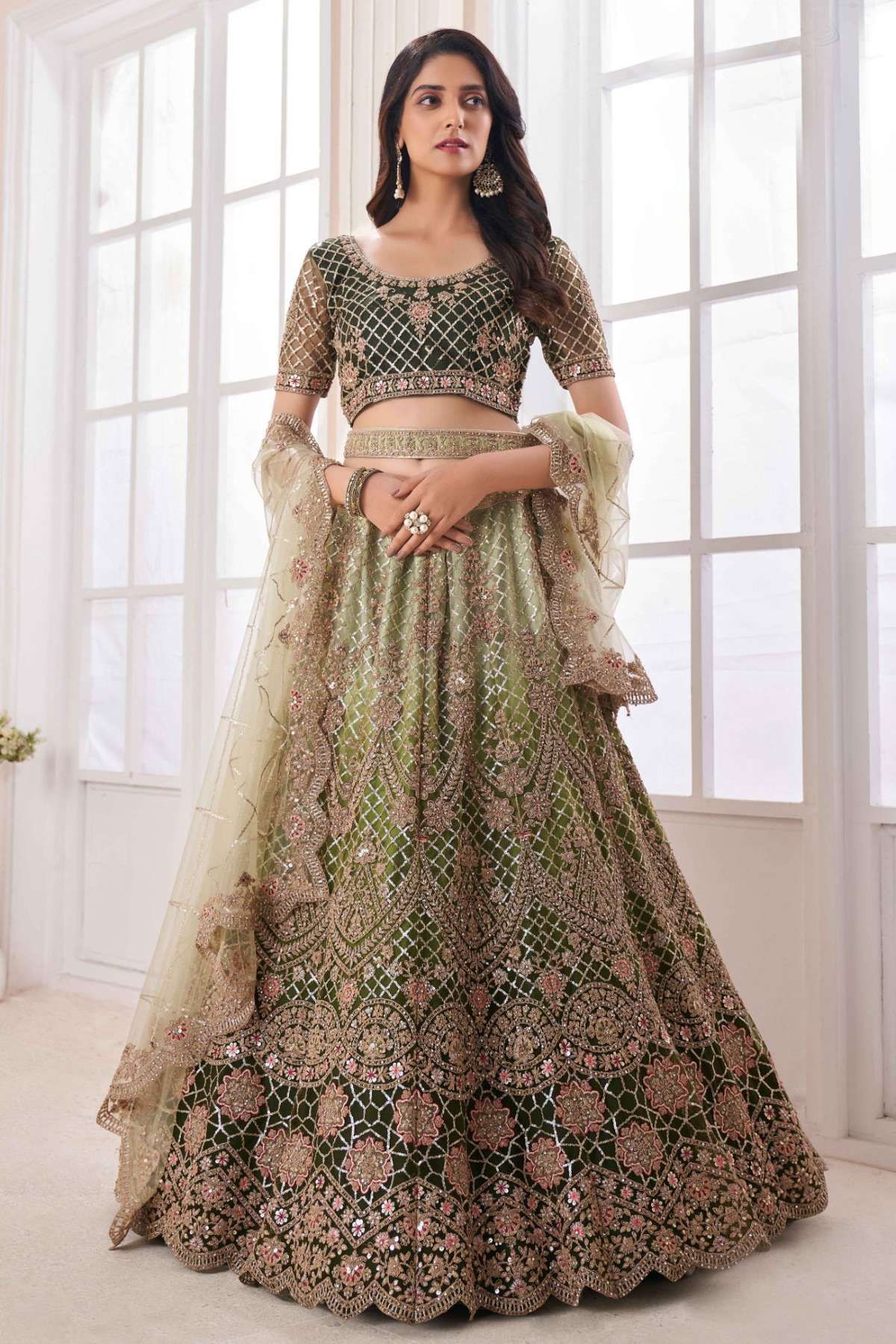 Soft Net Thread Work Lehenga Choli In Olive Colour In Olive Colour LD05643934 A