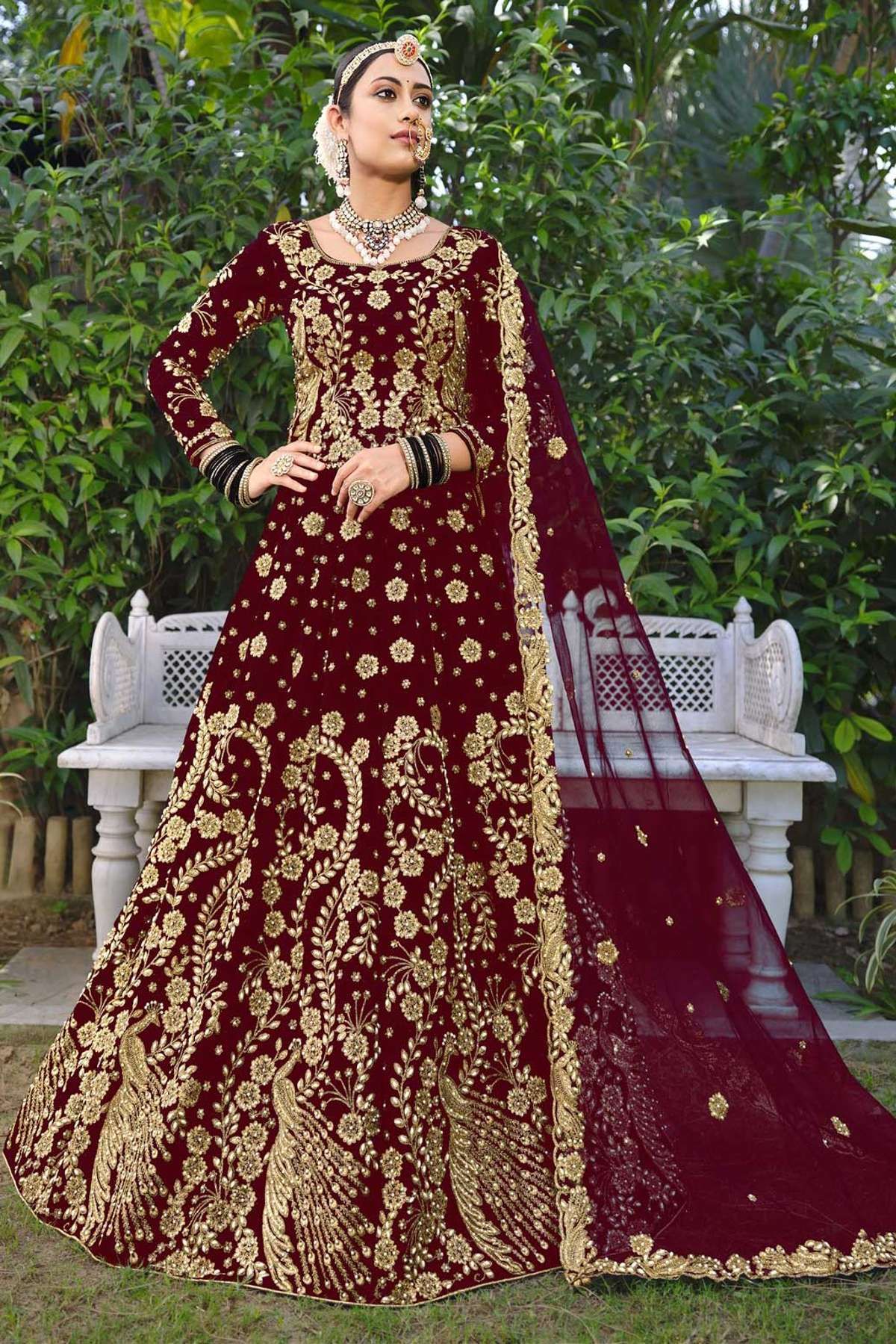Buy Maroon Velvet Embroidered Coding Zari Work Wedding Wear Lehenga Choli  Online