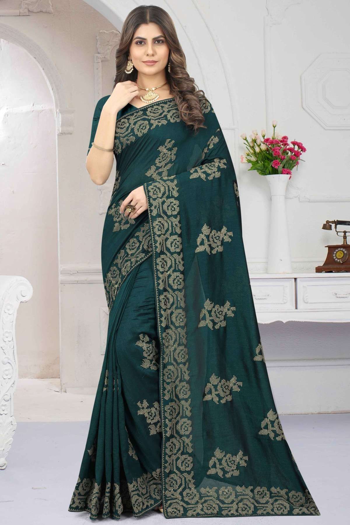 Shop Bottle Green Vichitra Blooming Silk Thread Embroidered Saree