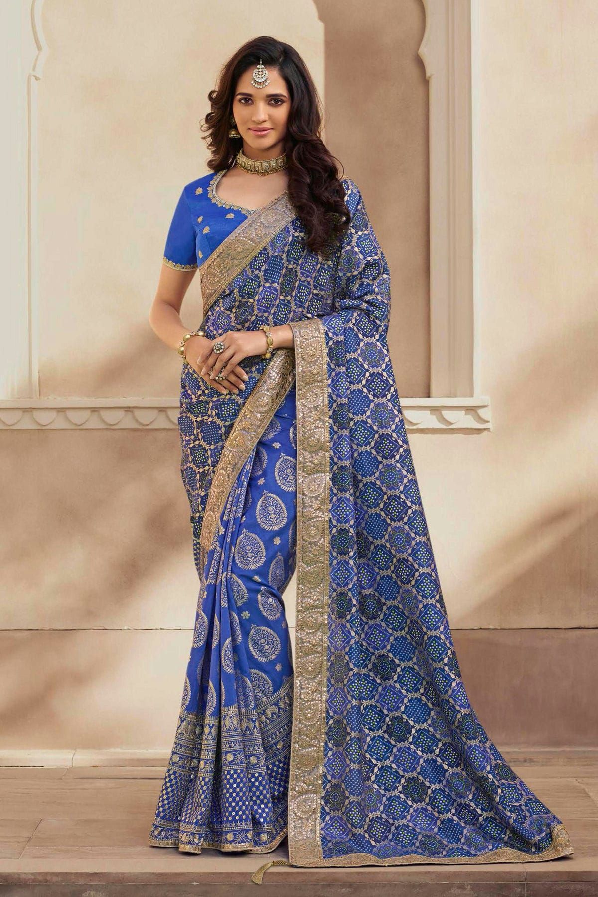 Royal blue chanderi silk saree with zari bootis all over – Roots Handloom