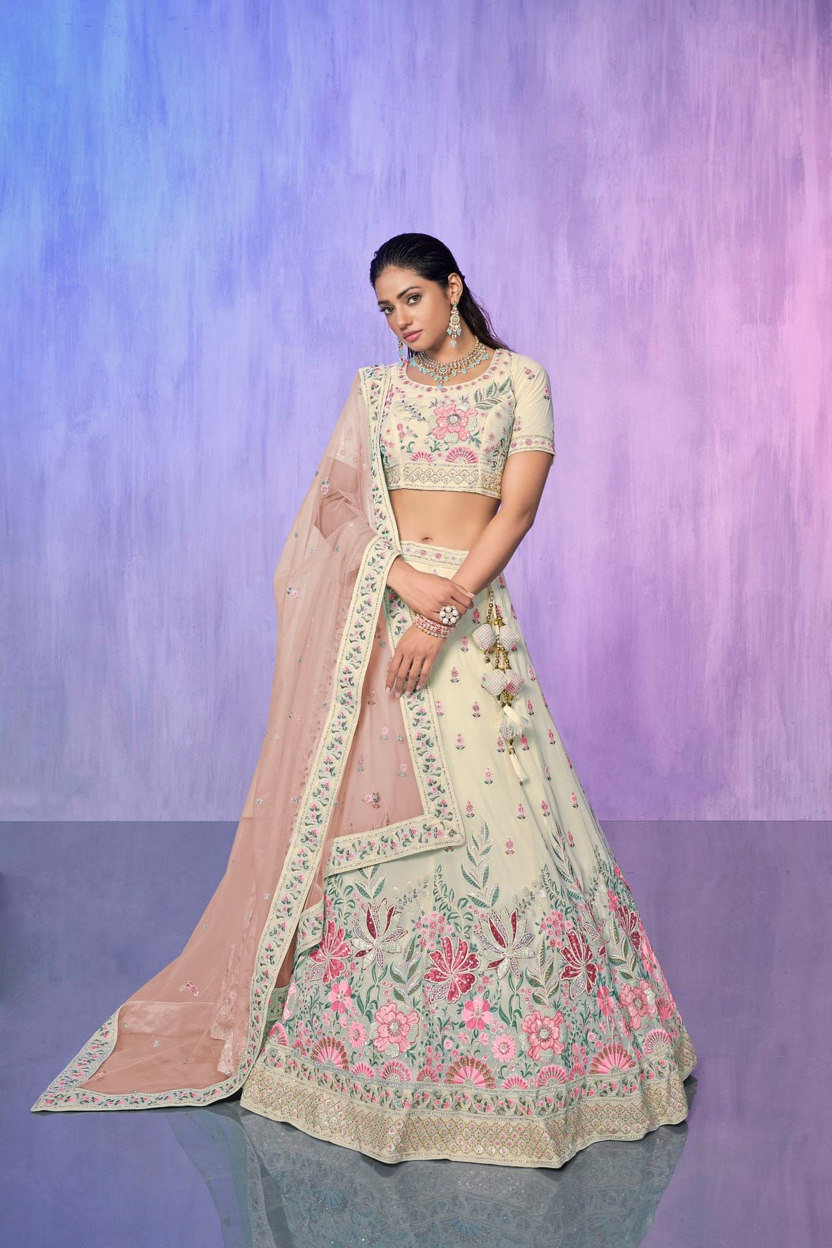 Blue Floral Printed Semi-Stitched Lehenga Choli with Sequence embroidery  Work With Dupatta - ShopGarb - 4148904