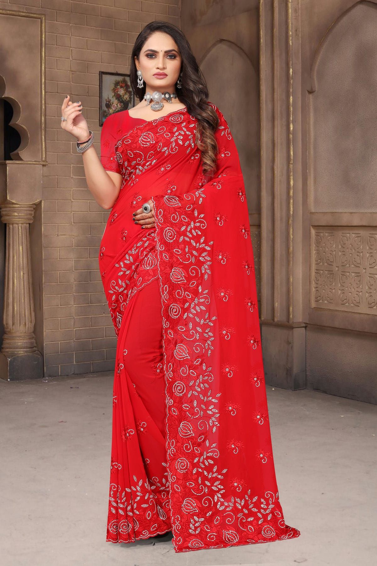 Indian Ethnic Crimson Red Georgette saree - sr12155