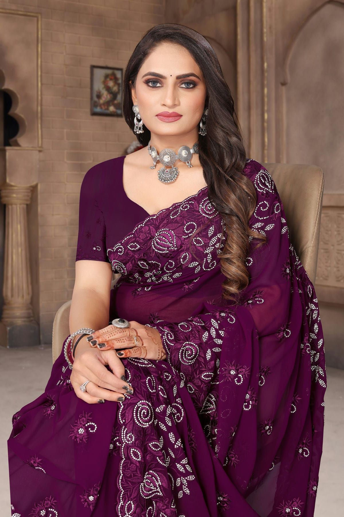 Sequinned Georgette Saree in Wine : SBQ211