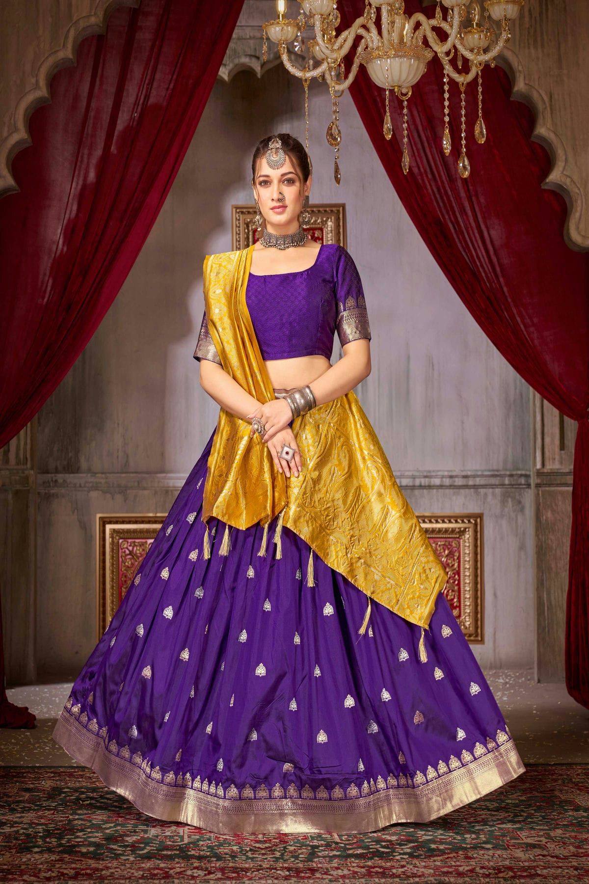 Jacquard Silk Lehenga Choli with Woven work In Violet Colour LD05649007 A