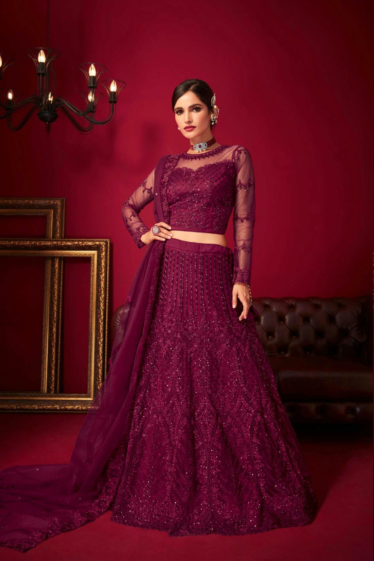 Pink Embroidered Attractive Party Wear Malay satin Material With Stone work  Lehenga choli - Mishree Trendz - 3506468