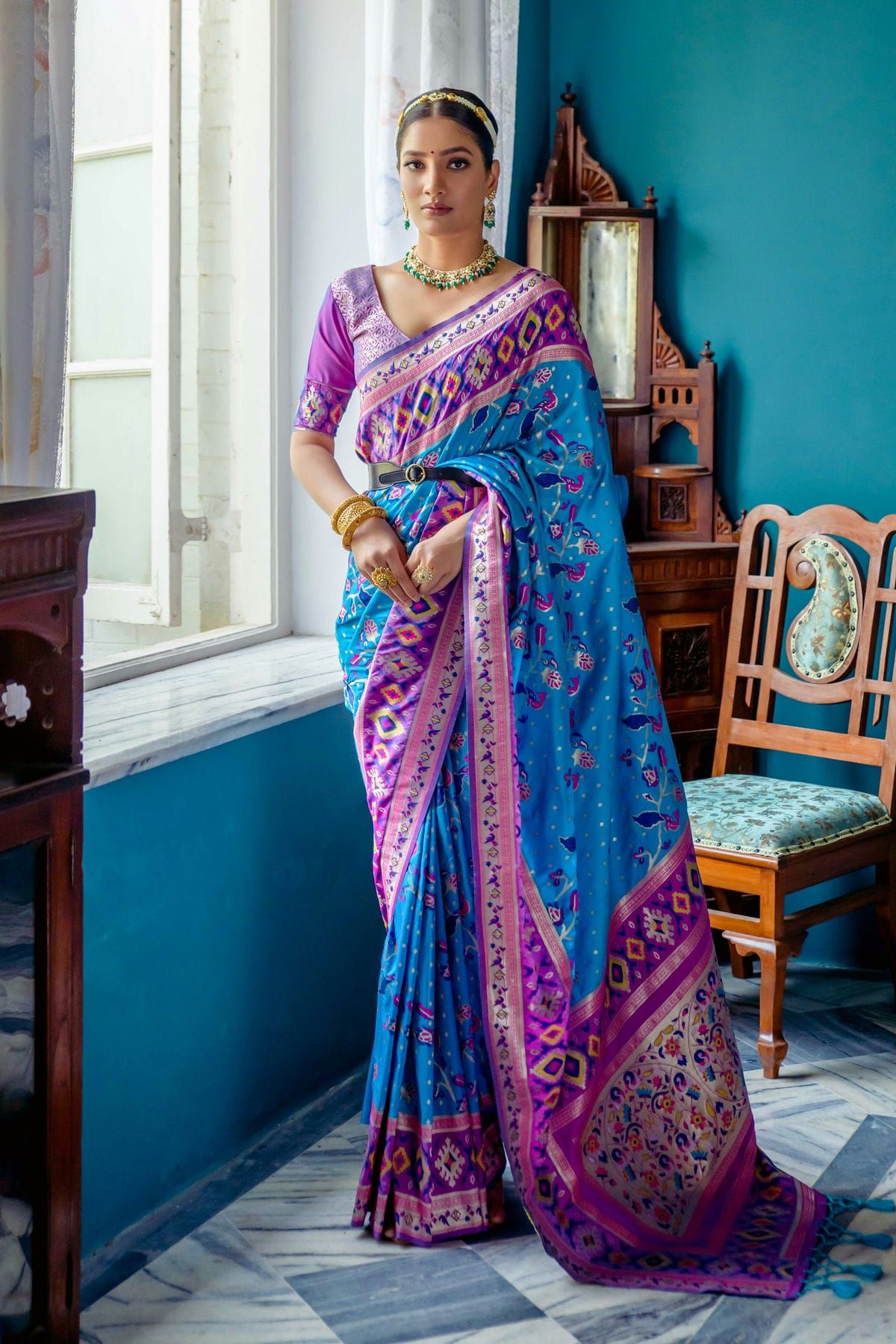 Buy Grancy Firozi Ready To Wear Stylish Saree with Stiched Designer Blouse  at