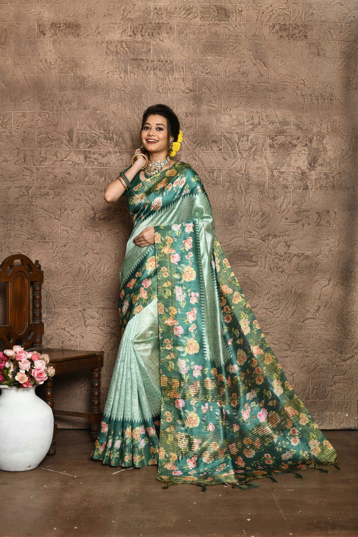 Ecru Brown Patola Printed Tissue Silk Saree with Designer Blouse – Ethnos