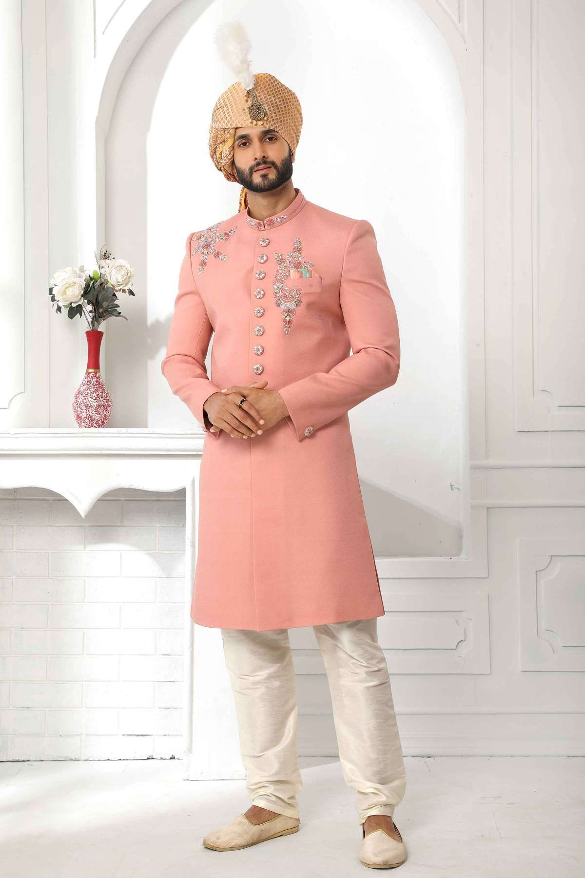 Men's Peach Nawabi Indo Western Sherwani With Art Silk Pant