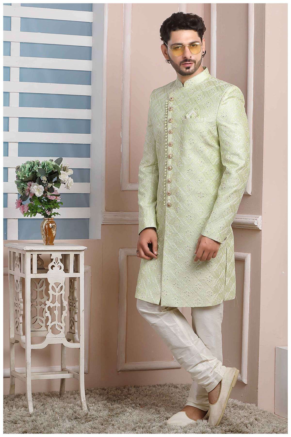Buy Pista Green Art Silk Sherwani (NMK-6255) Online