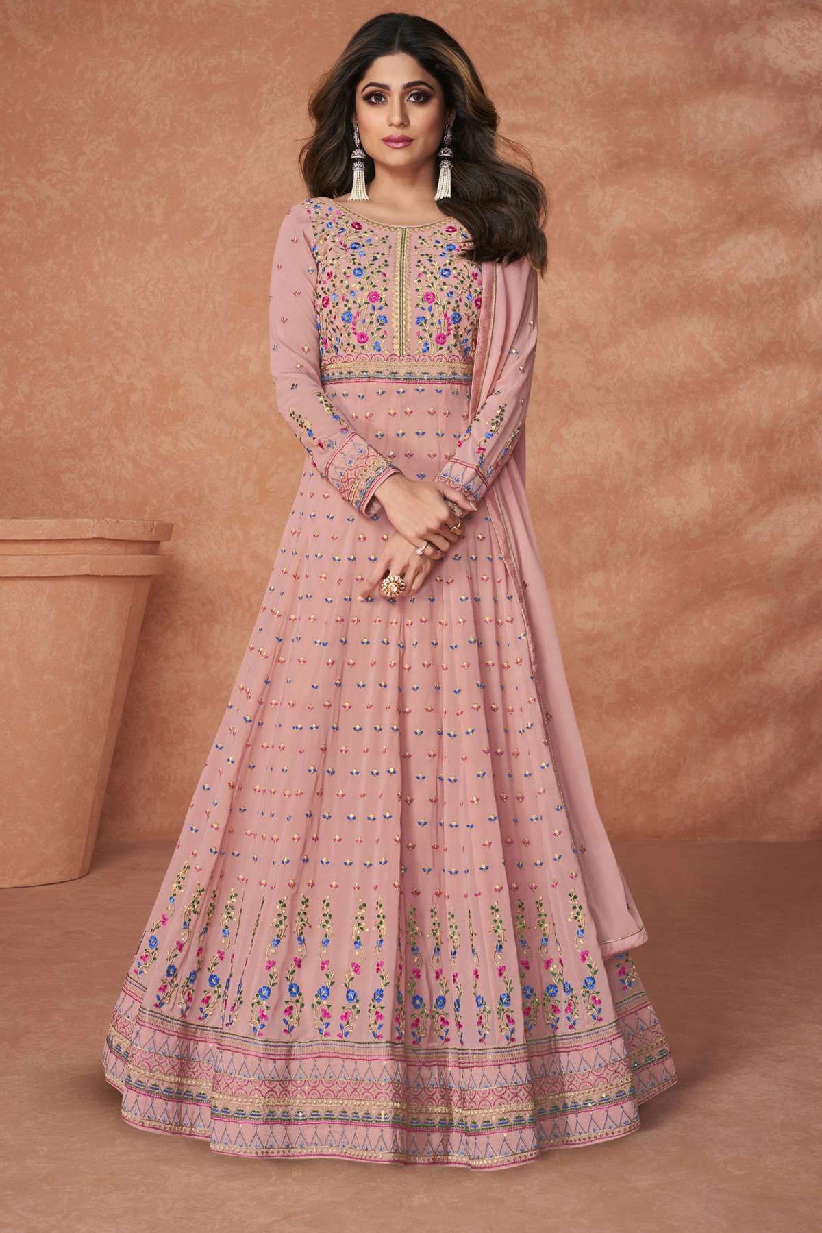 Rani Pink Anarkali suit with Pant and Dupatta Kurta Sets