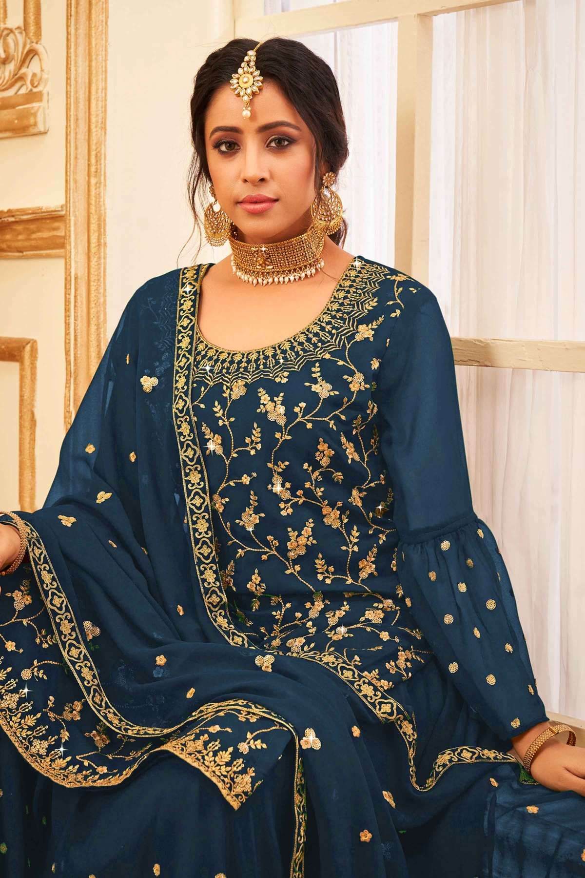 Faux Georgette Embroidery Lehenga Suit In Blue Colour - SM5630156