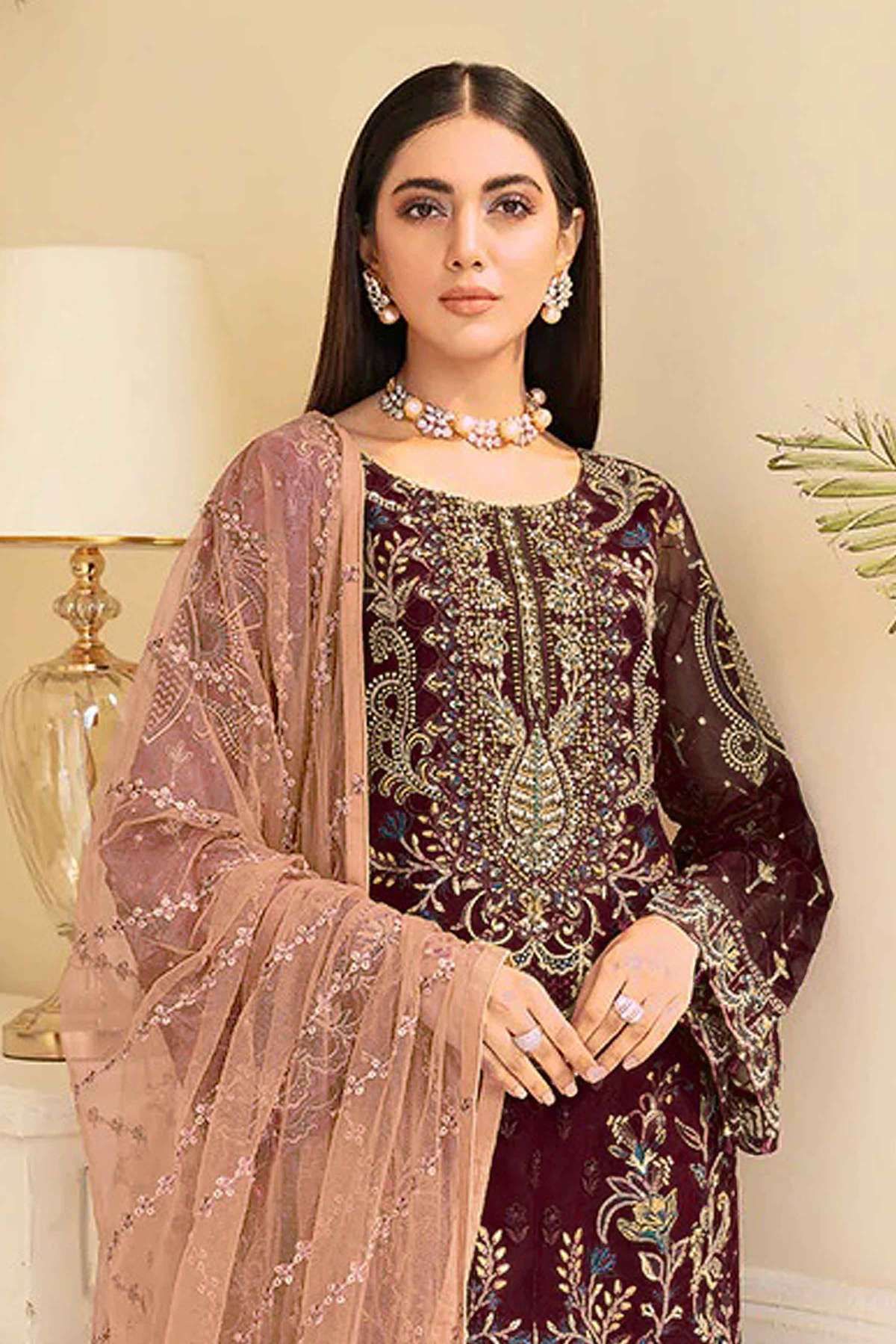 Faux Georgette Embroidery Pakistani Suit In Maroon Colour - SM5630212