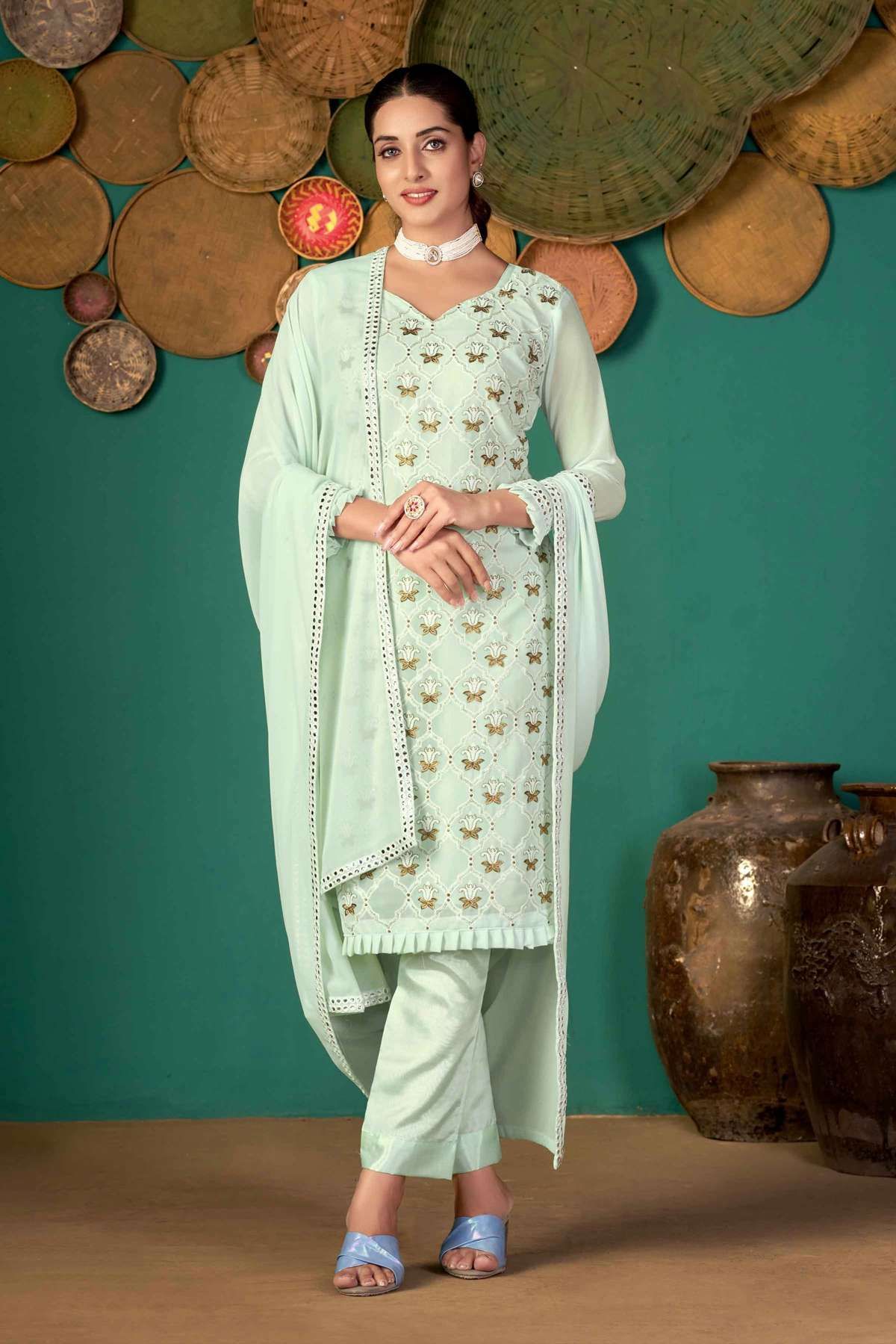 Faux Georgette Embroidery Pant Style Suit In Pista Green Colour