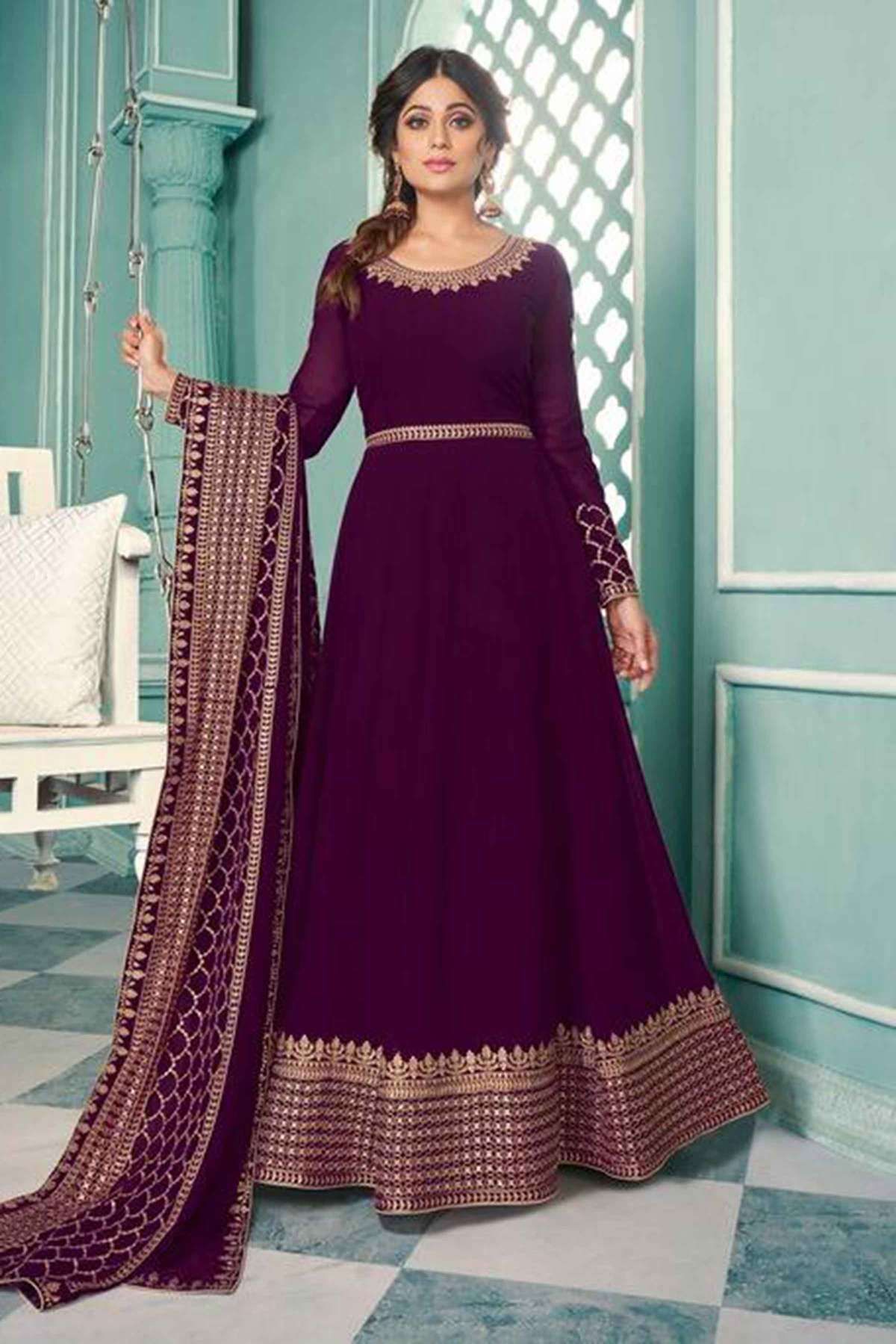 Plum Purple Anarkali Plain Gown With Dupatta