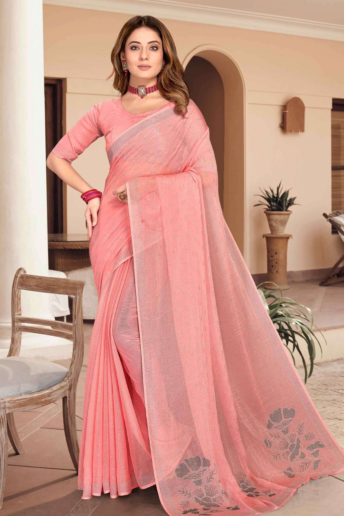 Chiffon Plain Saree In Pink Colour