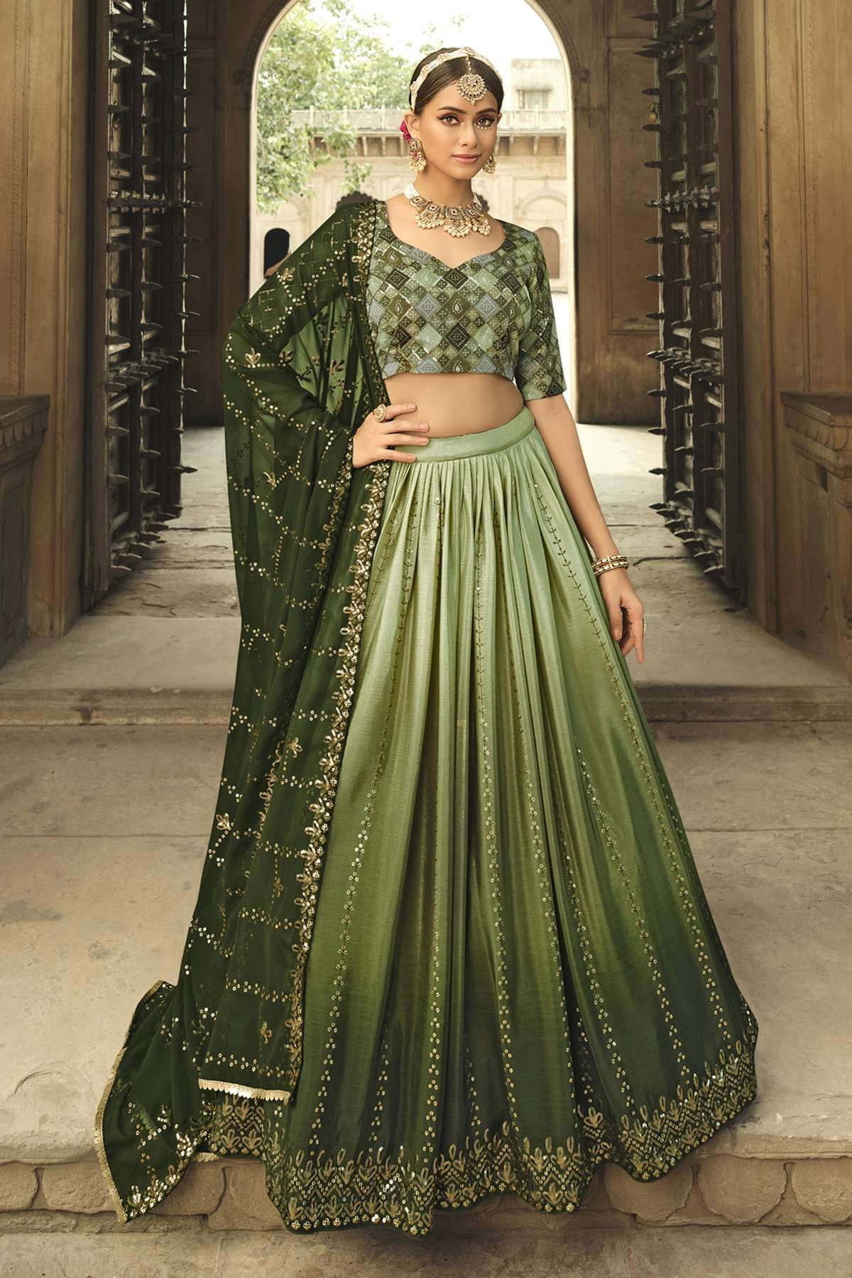 Buy Red Green Foil Print Silk Lehenga Choli From Zeel Clothing