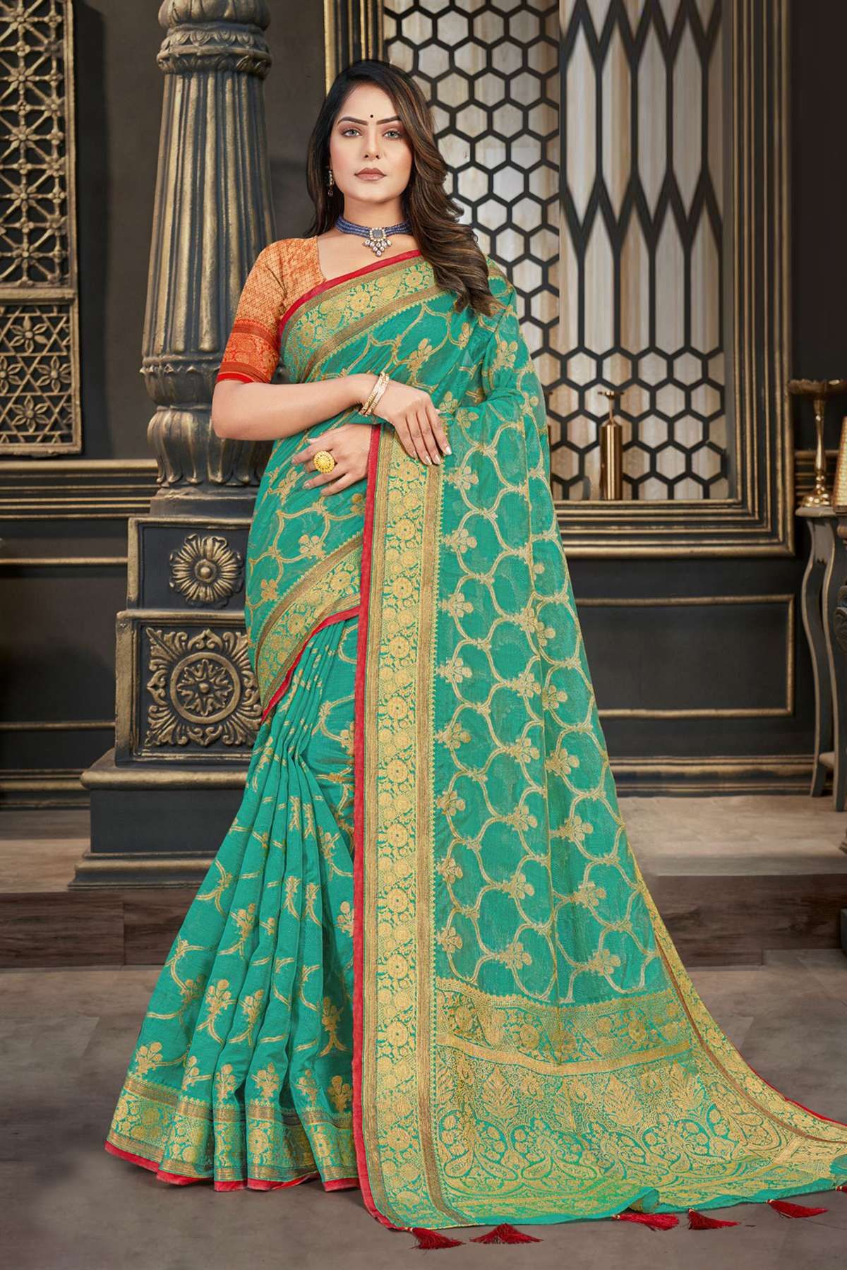 Silk Saree with blouse in Sea green colour 5412