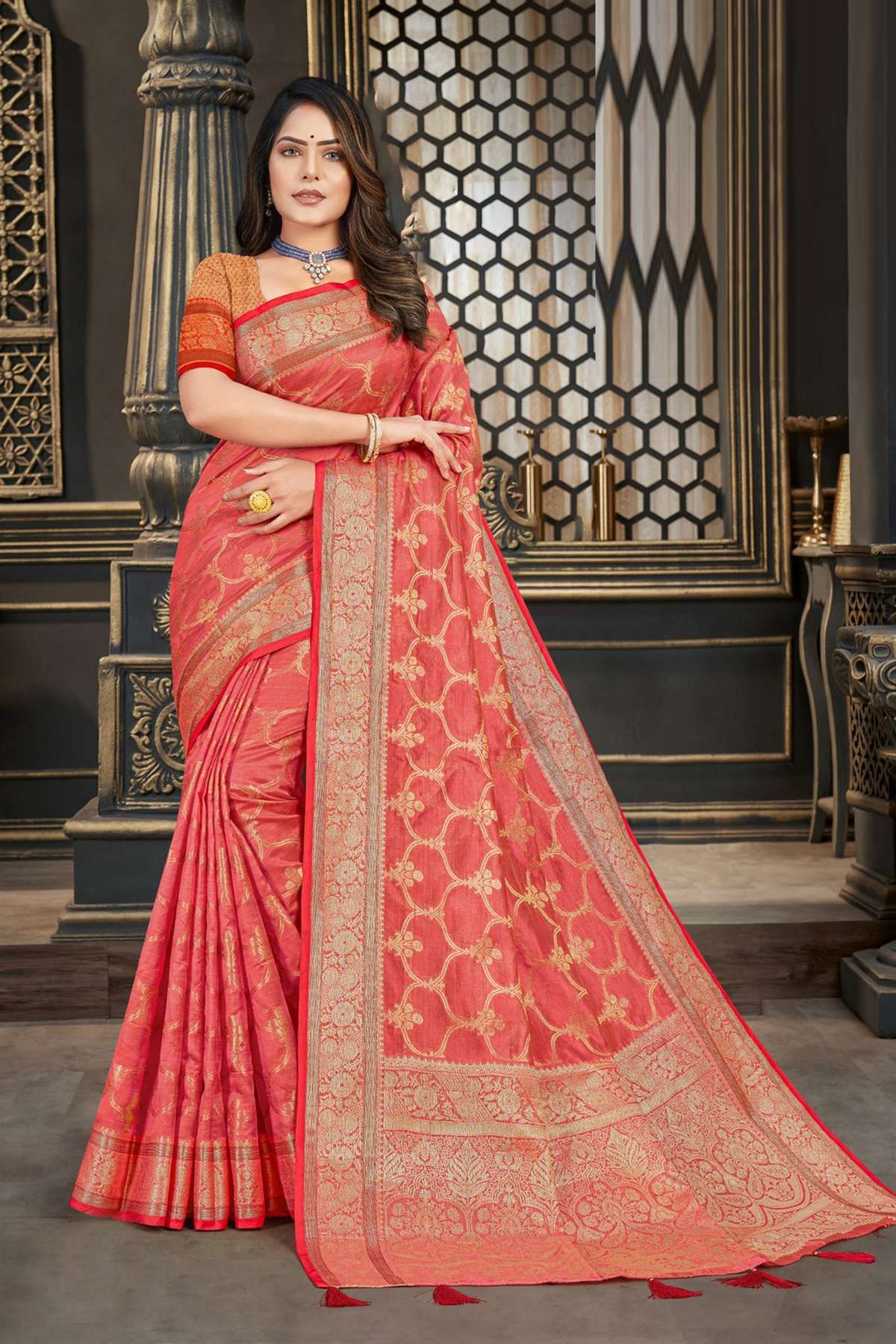 Peach Silk Woven Saree