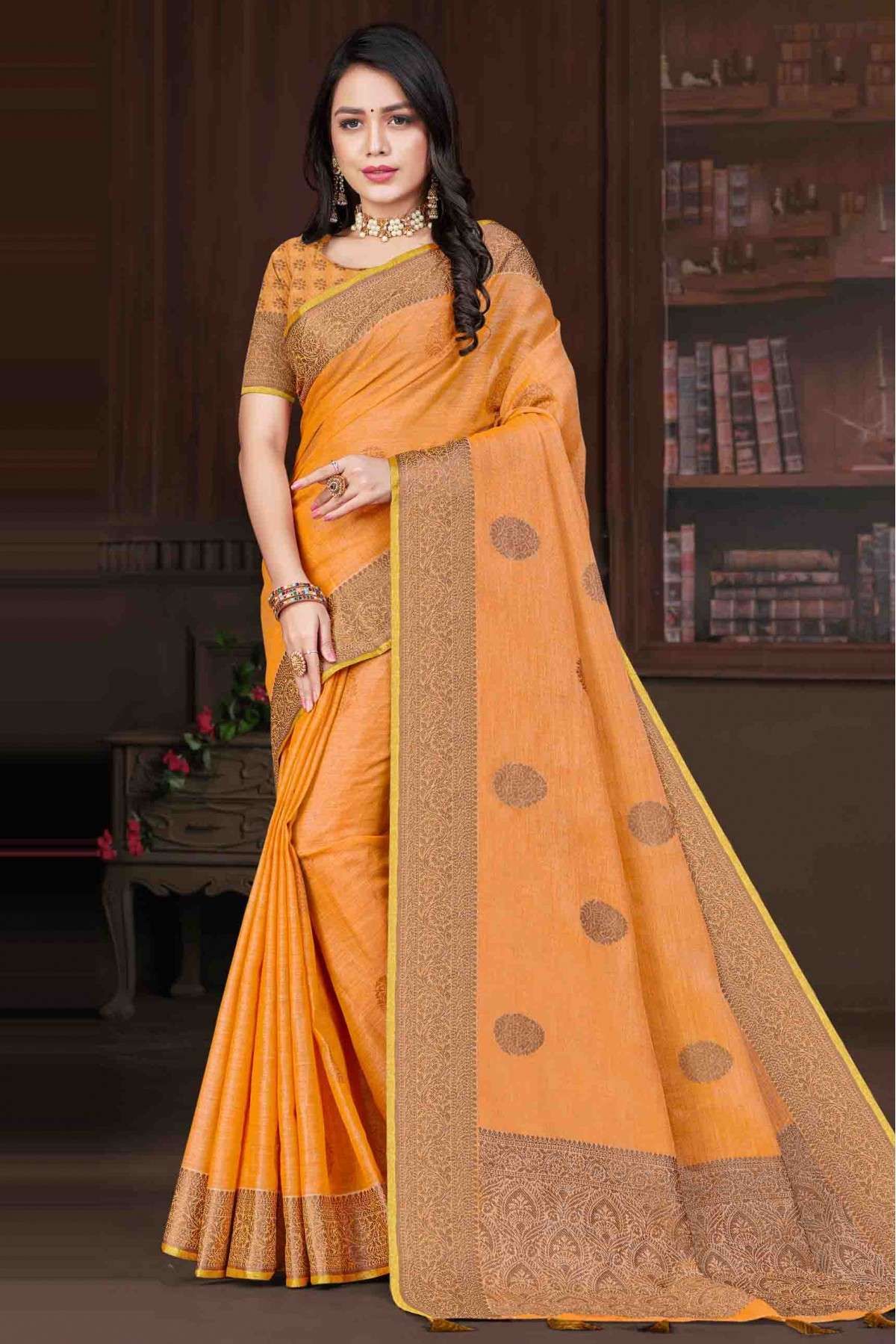 Linen Woven Saree In Orange Colour - SR0074747