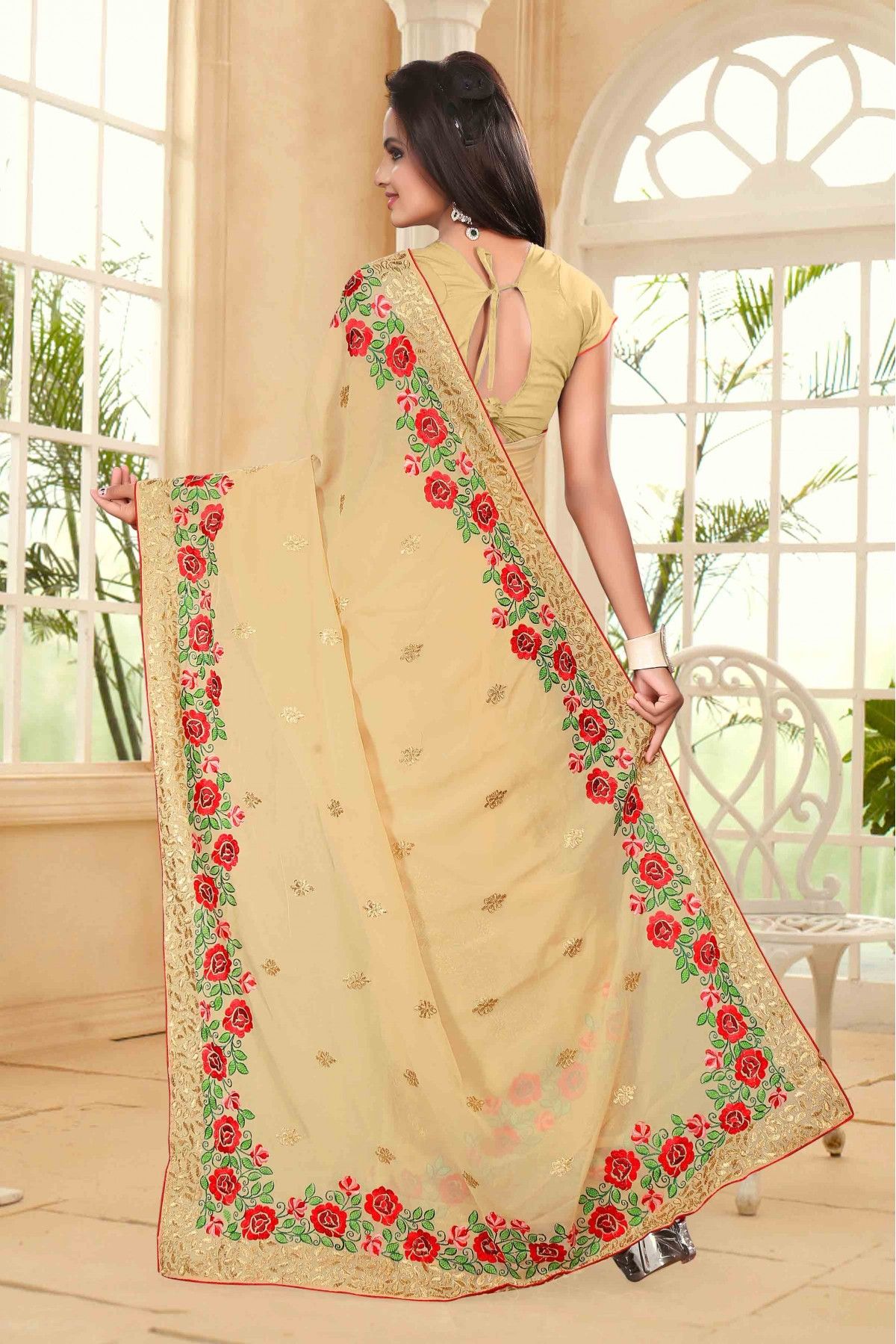 Cream Georgette Saree | Designer silk sarees, Elegant saree, Party wear  sarees