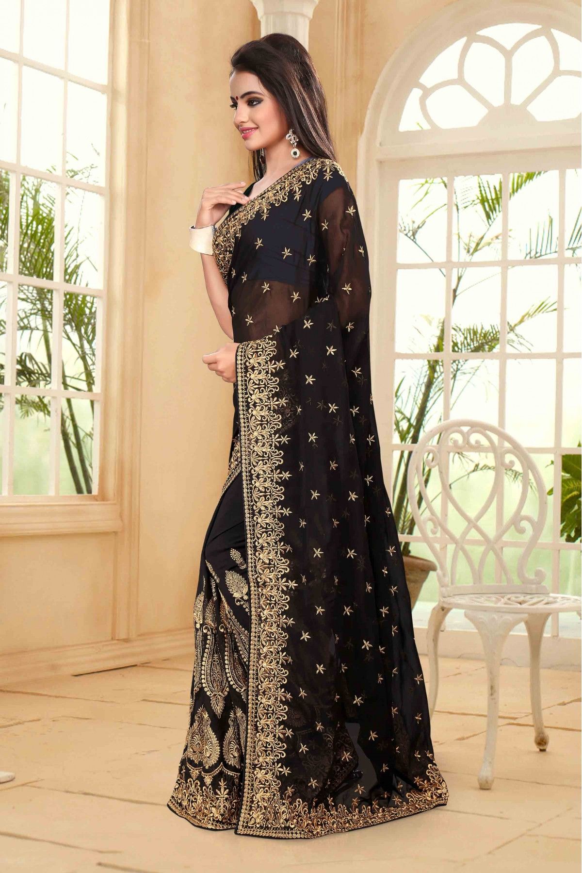 Embroidered Shimmer Georgette Silk Partywear Traditional Saree In Blac –  Saundaryam Fashions