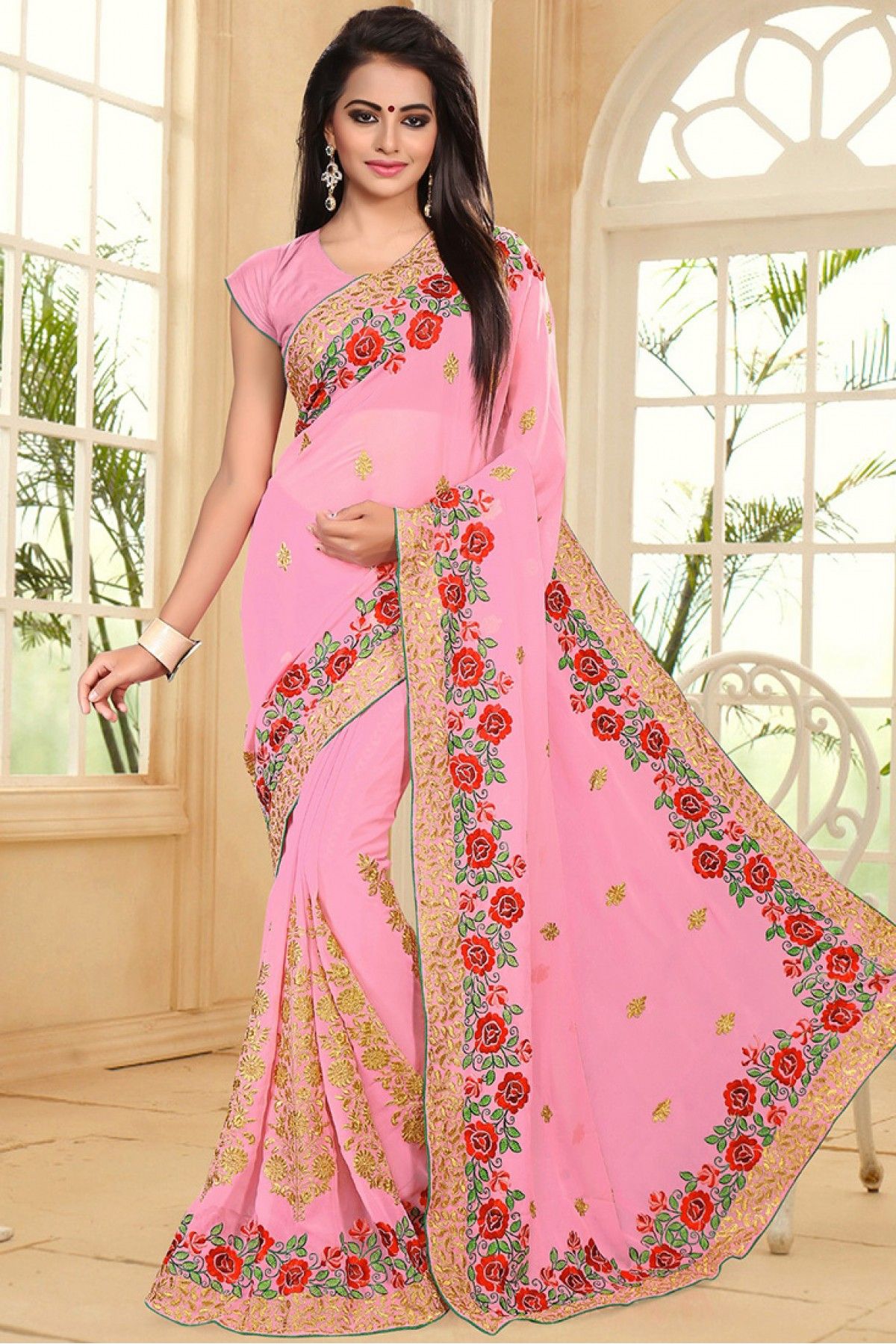 Buy Incredible Light Pink Banglory Silk Party Wear Saree With Blouse At  Ethnic Plus