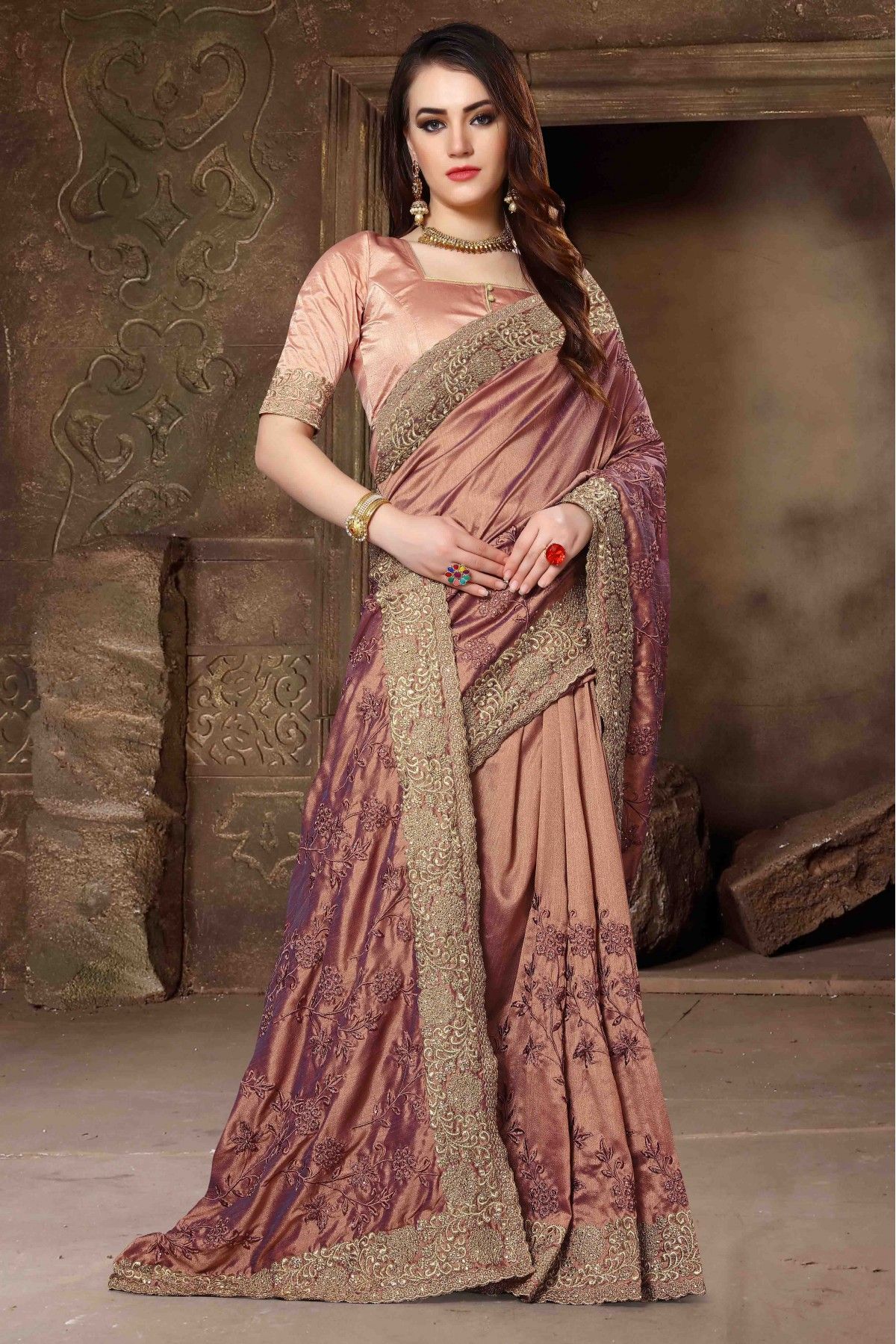 pure silk Classy Brown Colour Saree, Shining Party Wear