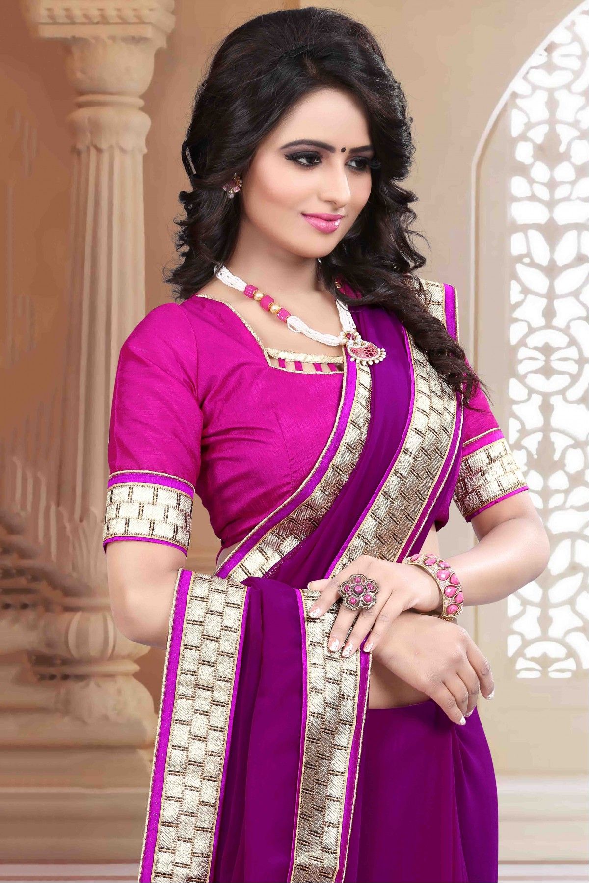 Buy Pink foil gerogette Saree With Swarovski Work And Unstitched Blouse  Piece