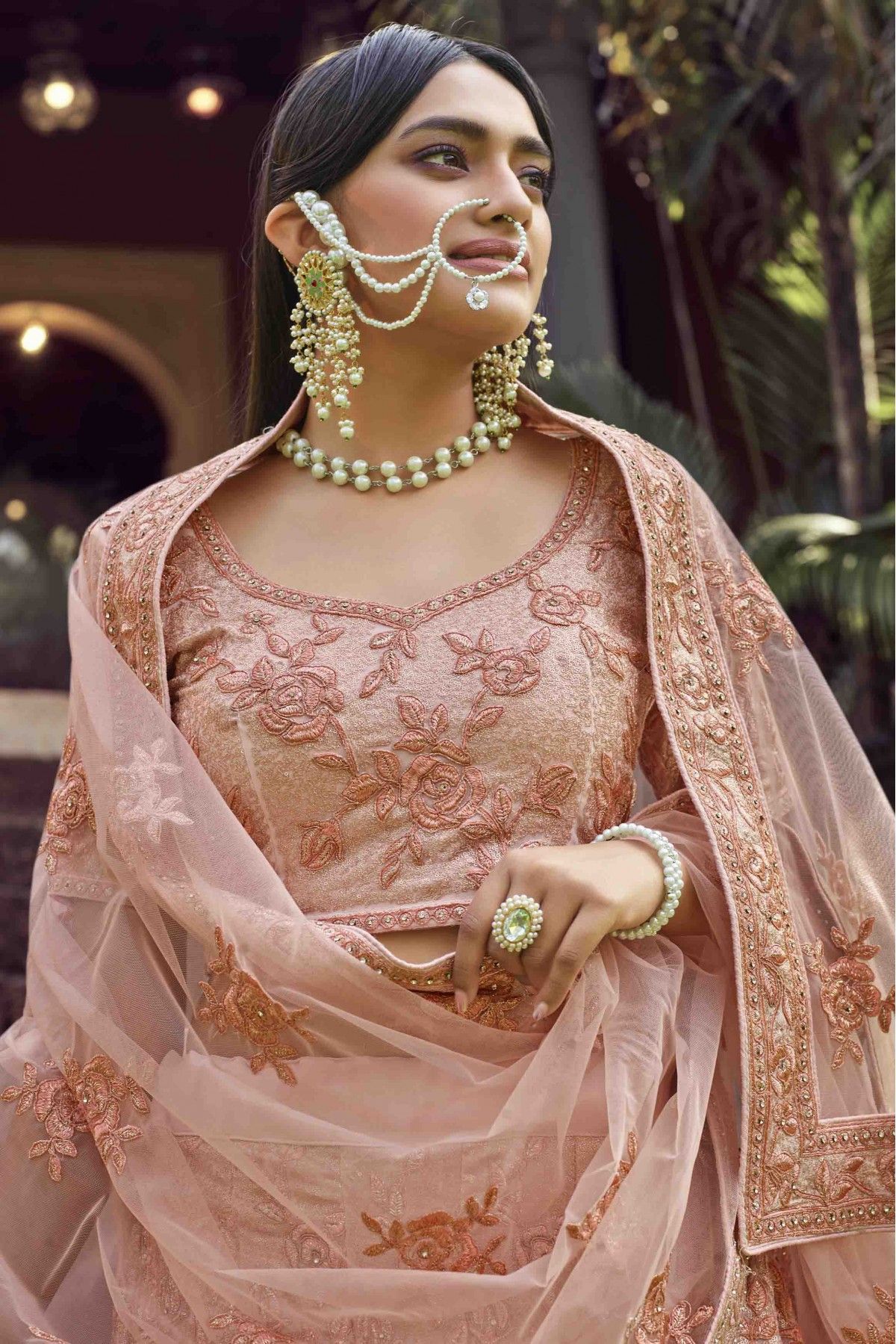 Peach-coloured and golden lehenga choli with dupatta this piese are art  silk blouse and next fabric lehenga choli available at | wholesale textile