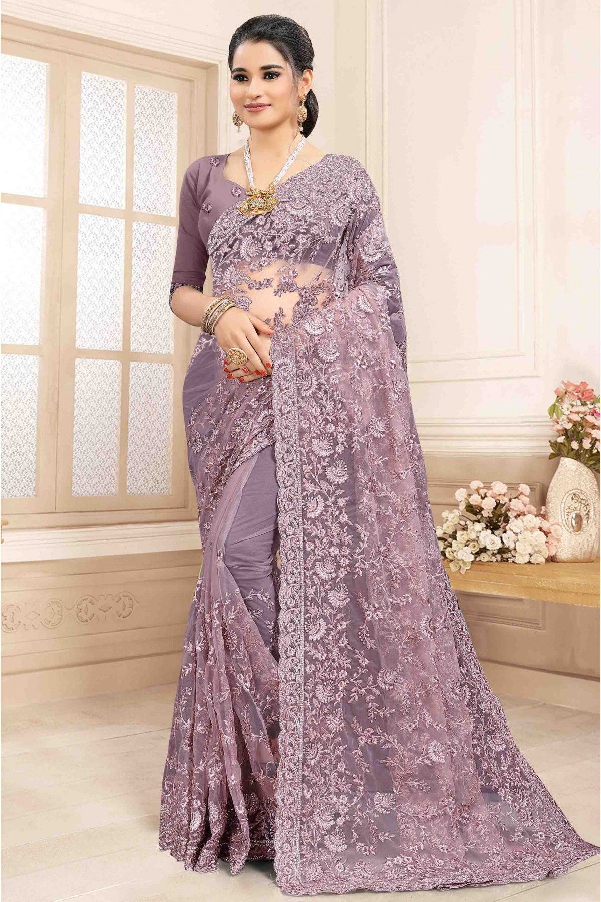 Heavy Embroidery Work Beguiling Lavender Color Fancy Fabric Saree With  Party Look Blouse