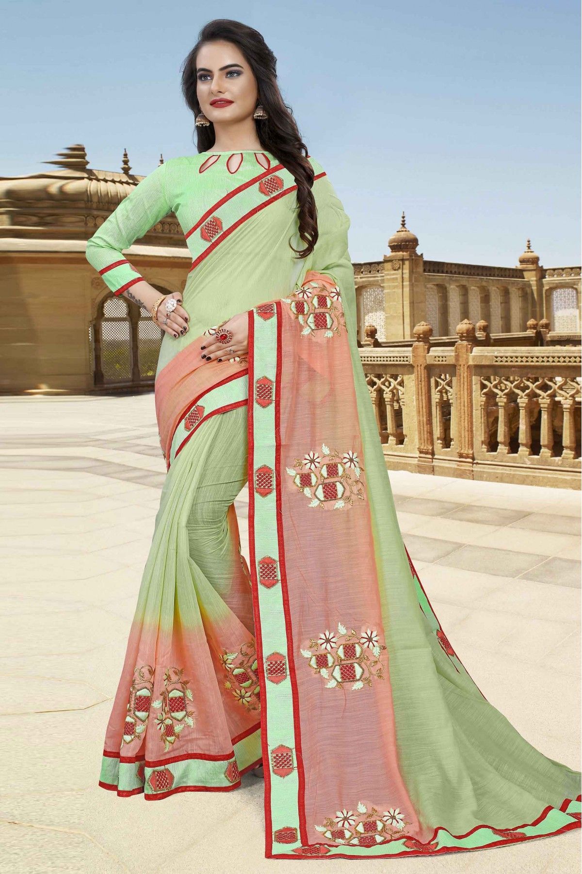 Buy HOUSE OF BEGUM Women's Light Green Printed Woven Georgette Saree with  Unstitched Plain Blouse | Shoppers Stop