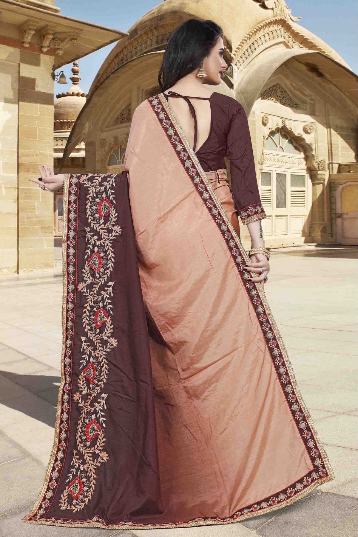 Dola Silk Designer Saree In Peach and Brown Colour