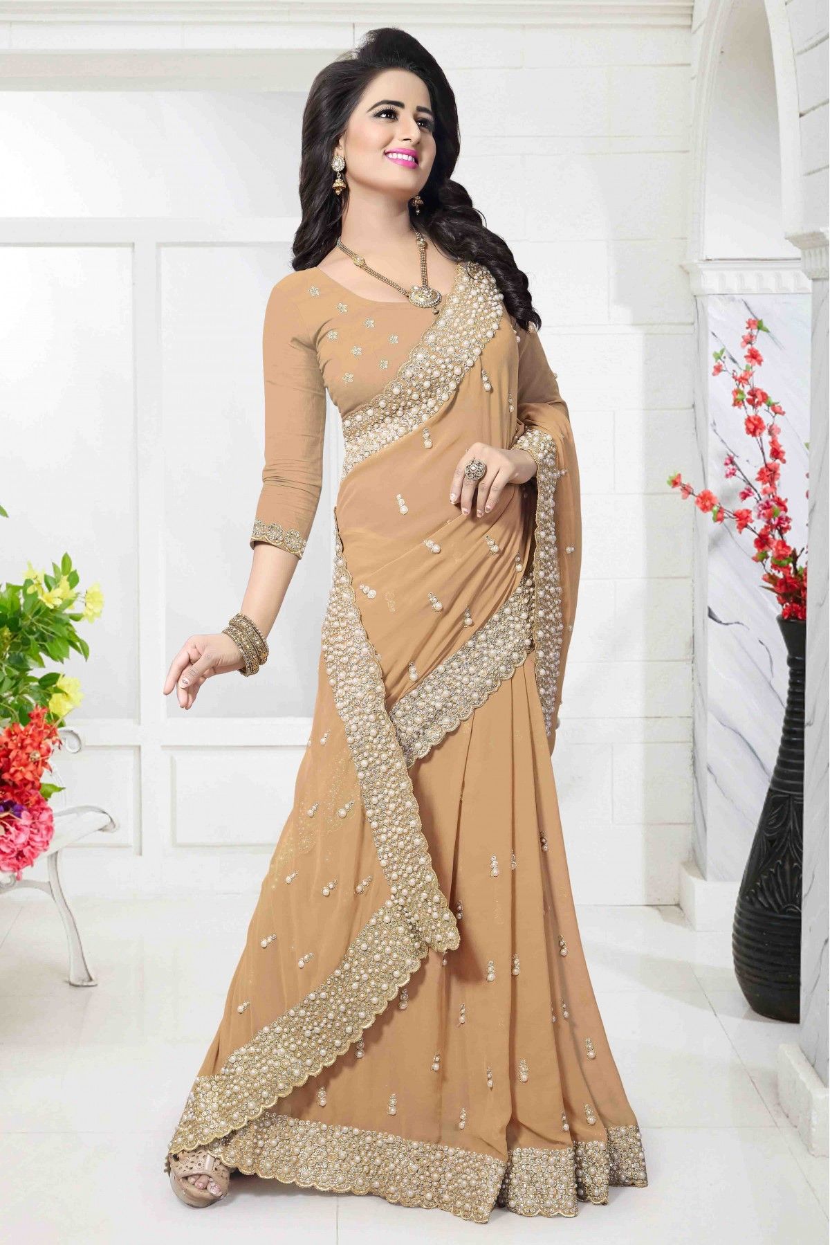 Beige Georgette Saree With Thread Embroidery