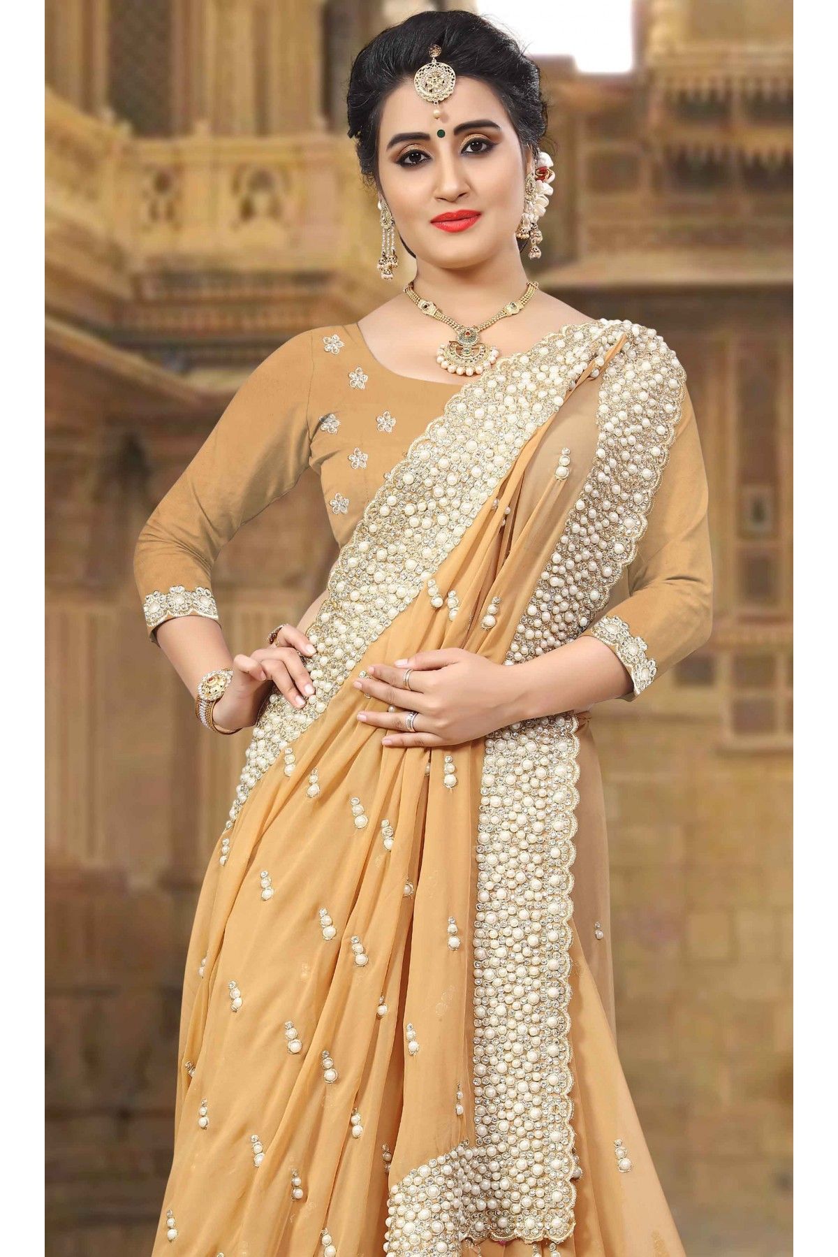 Beige Color Sequins Work Soft Net Sari Women Saree Bollywood Party Wear  Dress | eBay