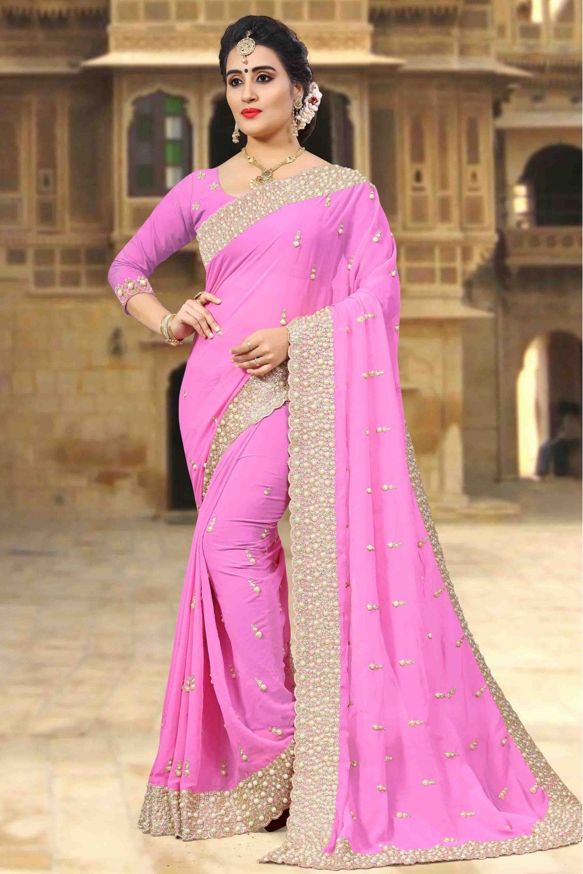 Buy Pink Festival Banarasi Silk Trendy Saree Online : 262287 -