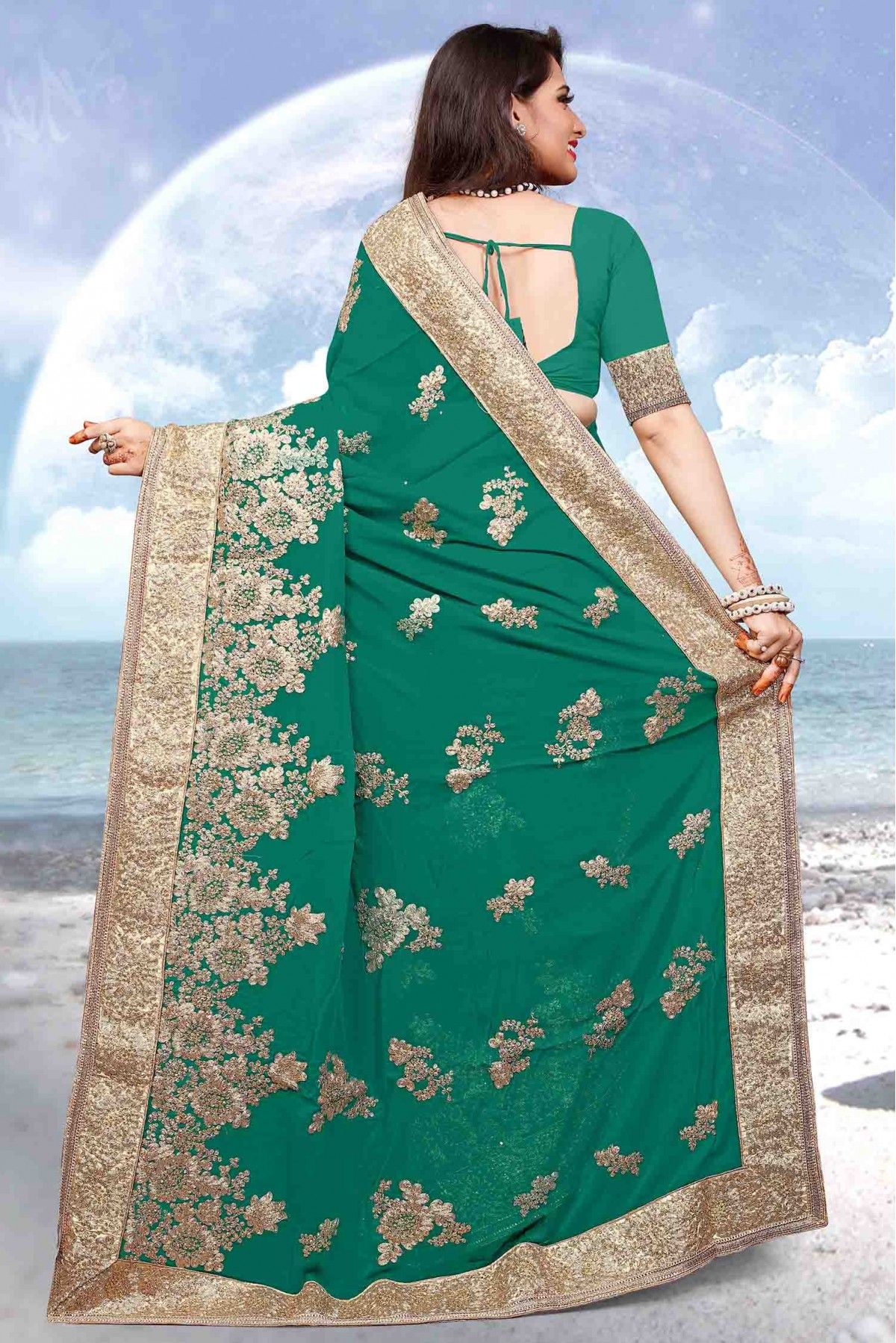 Sea Green Floral Designer Saree With Blouse