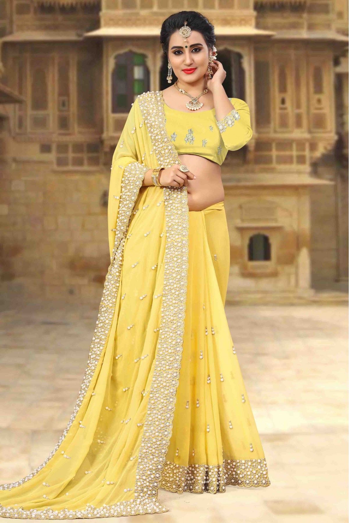 Yellow Leheriya Printed Georgette Saree | Leemboodi