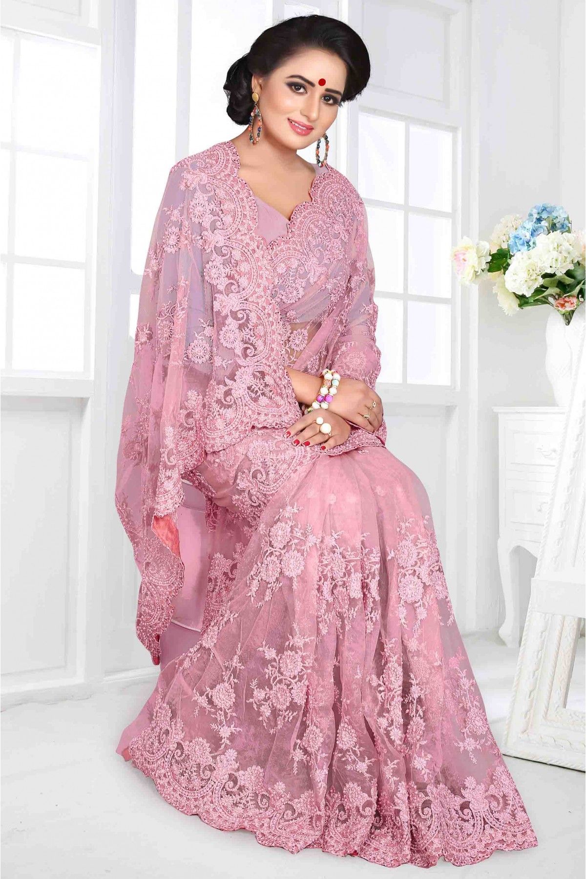 Net Pink DESIGNER CHICKENKARI WORK SAREE WITH UNSTITCHED BLOUSE, Party Wear  at Rs 649 in Surat