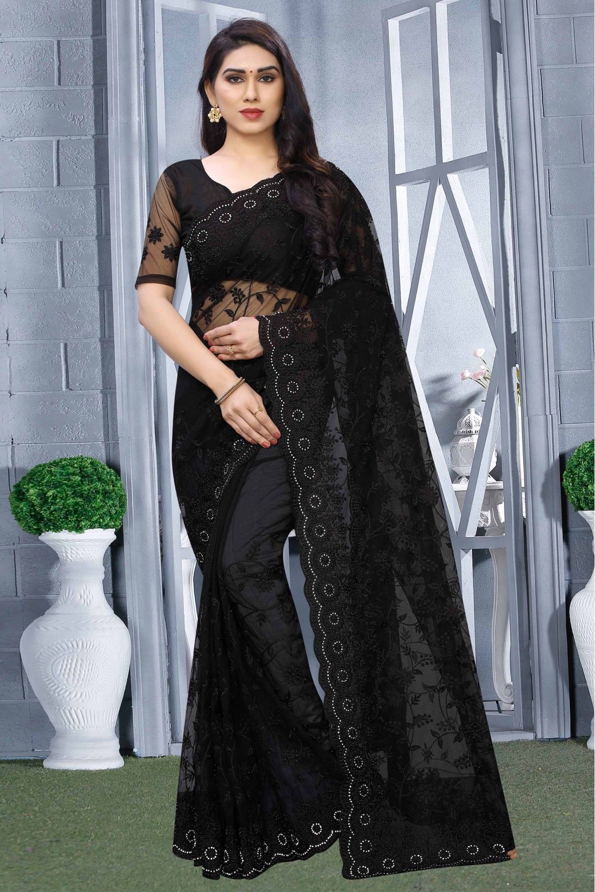 Black Colour Satin,Georgette Fabric Party Wear Saree.-sgquangbinhtourist.com.vn