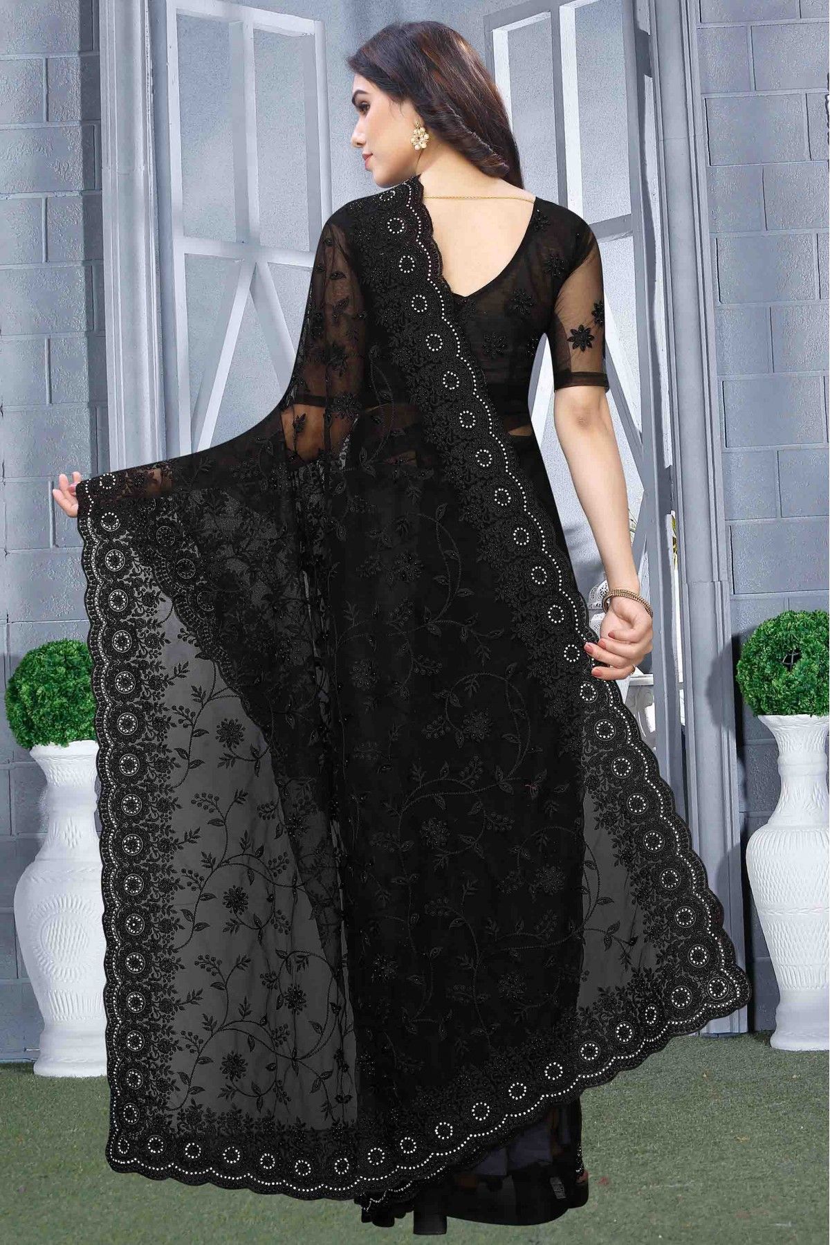Net Designer Saree In Black Colour - SR4690163