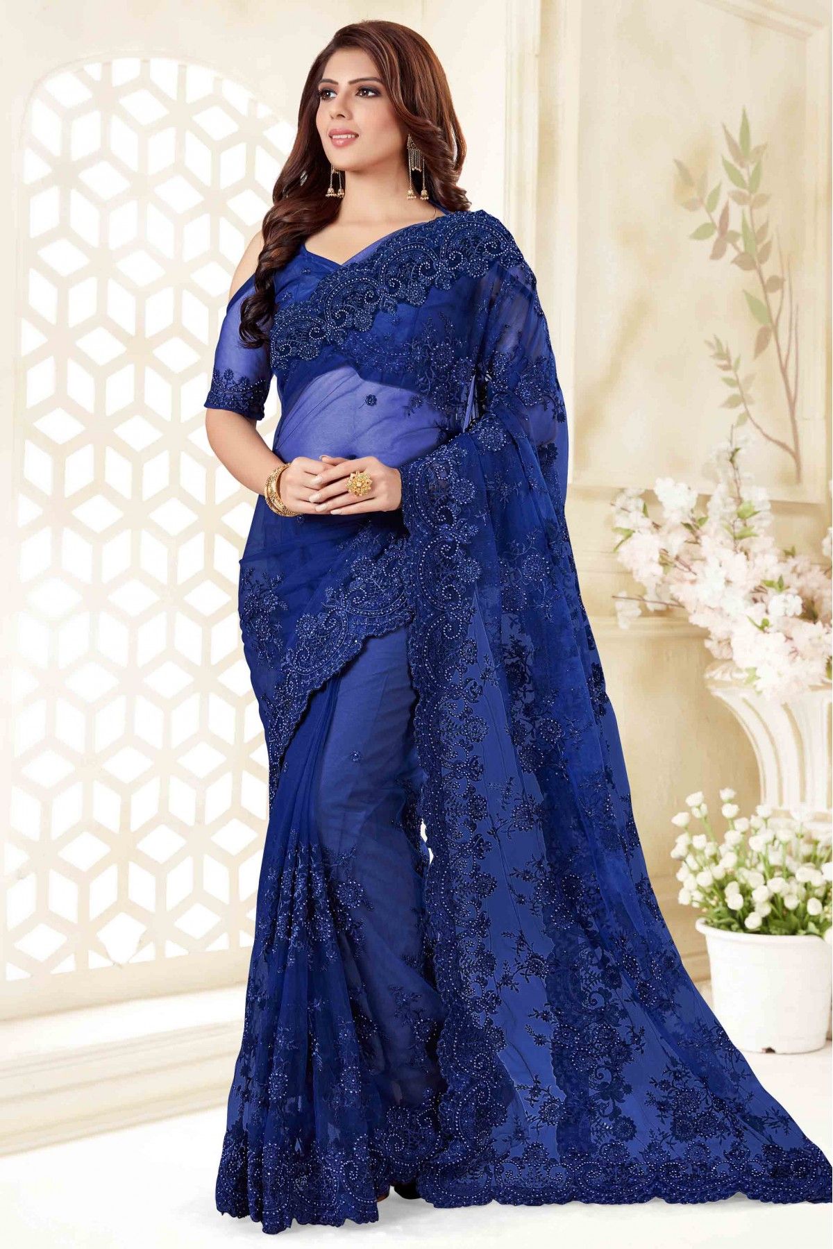 Peacock Blue Designer Embroidered Silk Party Wear Saree | Party wear sarees,  Party wear, Saree